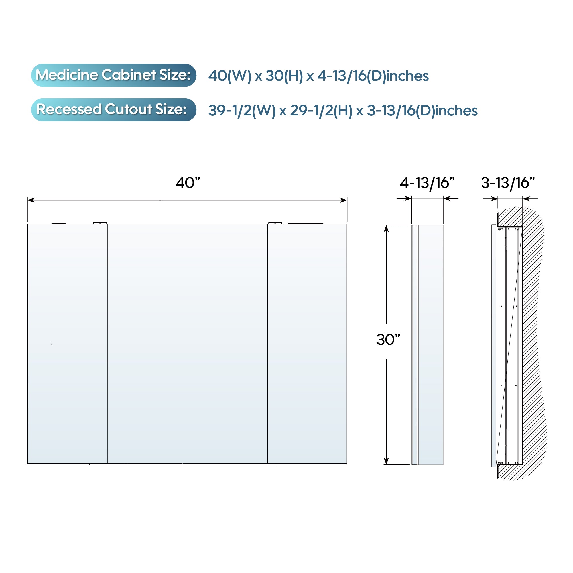40 in.×30 in. Tri-View Copper-Free Medicine Cabinet with Mirror, Soft-Close Hinges, Recessed or Wall Mount