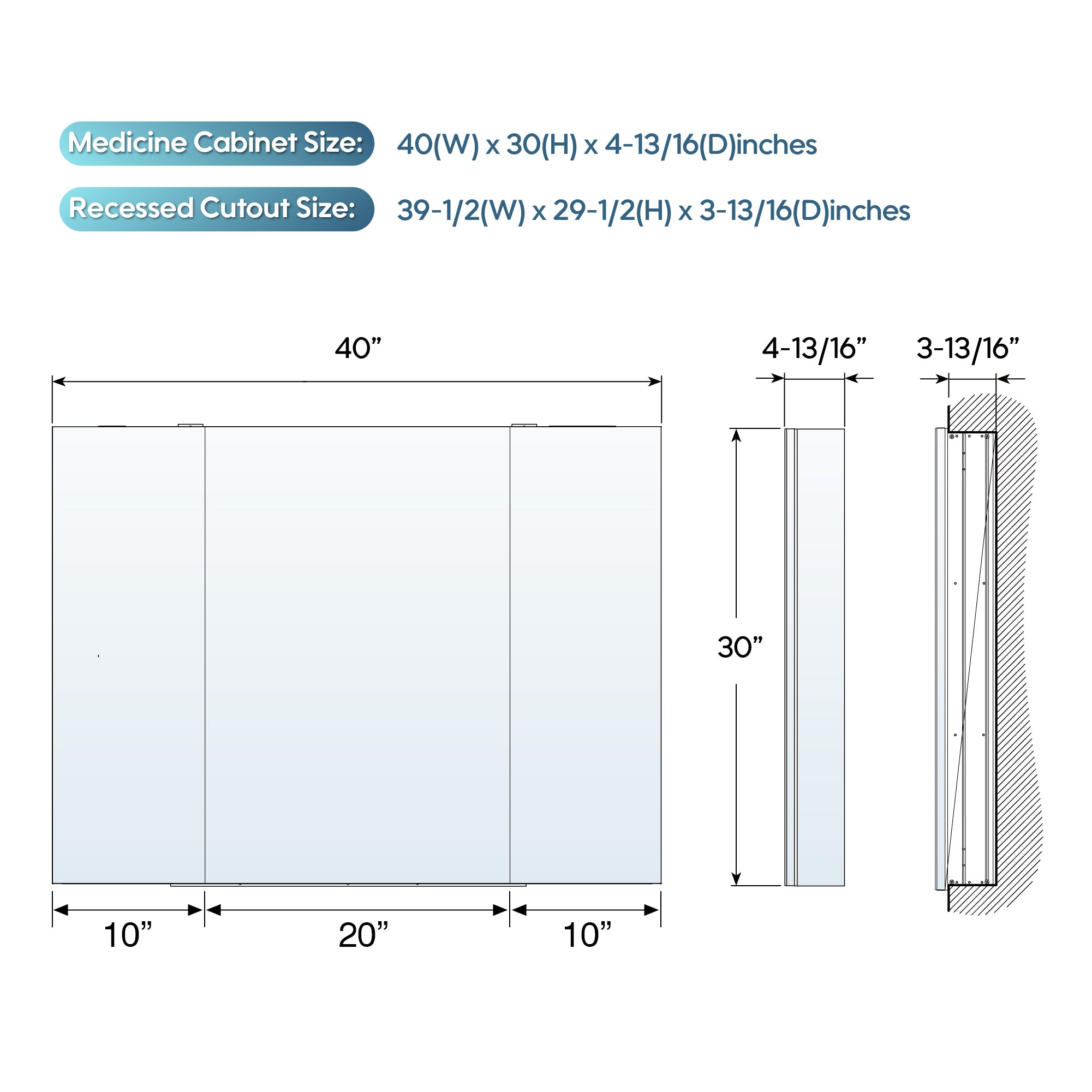 40 in.×30 in. Tri-View Copper-Free Medicine Cabinet with Mirror, Soft-Close Hinges, Recessed or Wall Mount