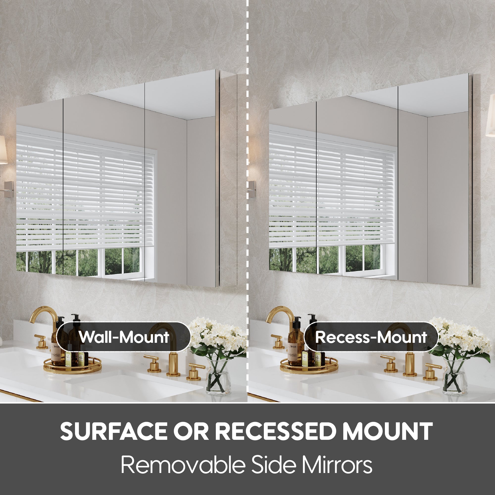 48 in.×30 in. Copper-Free Tri-Views Mirror Cabinet with Adjustable Shelves and Triple Swing Doors