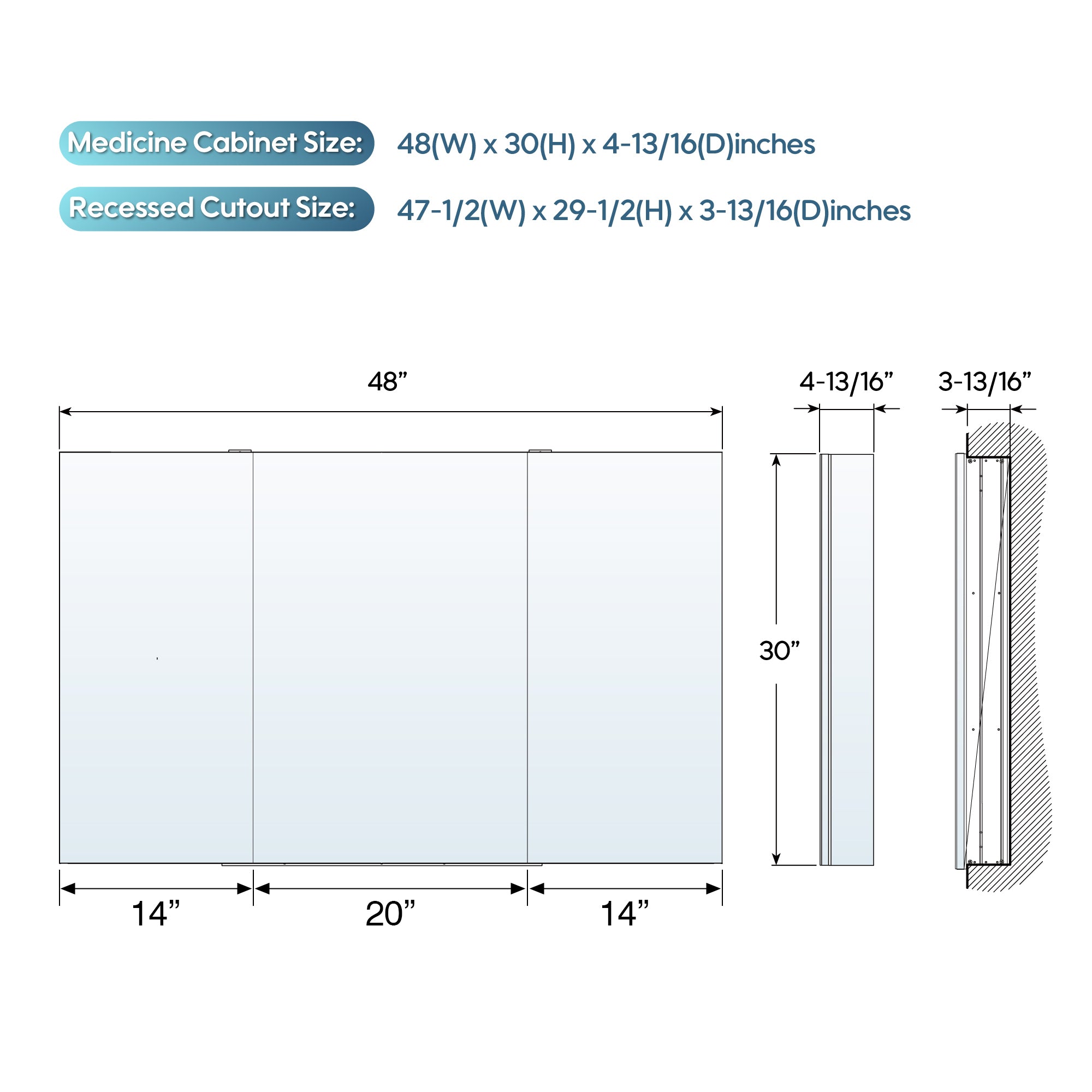 48 in.×30 in. Copper-Free Tri-Views Mirror Cabinet with Adjustable Shelves and Triple Swing Doors