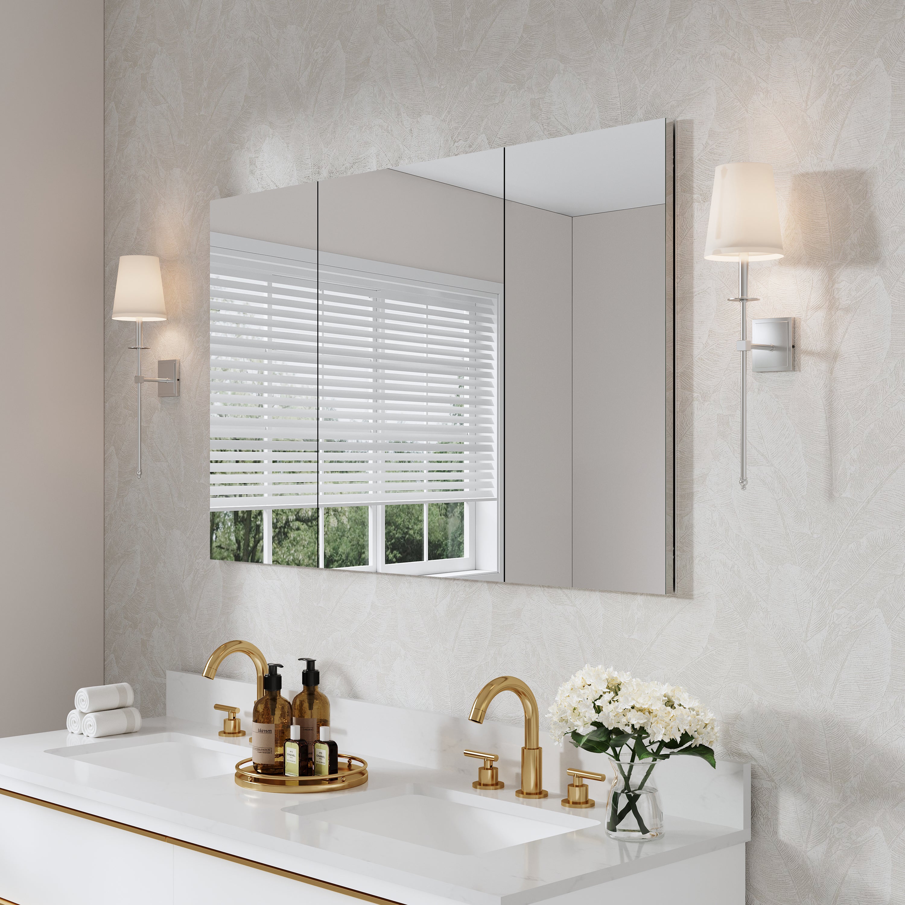 48 in.×30 in. Copper-Free Tri-Views Mirror Cabinet with Adjustable Shelves and Triple Swing Doors