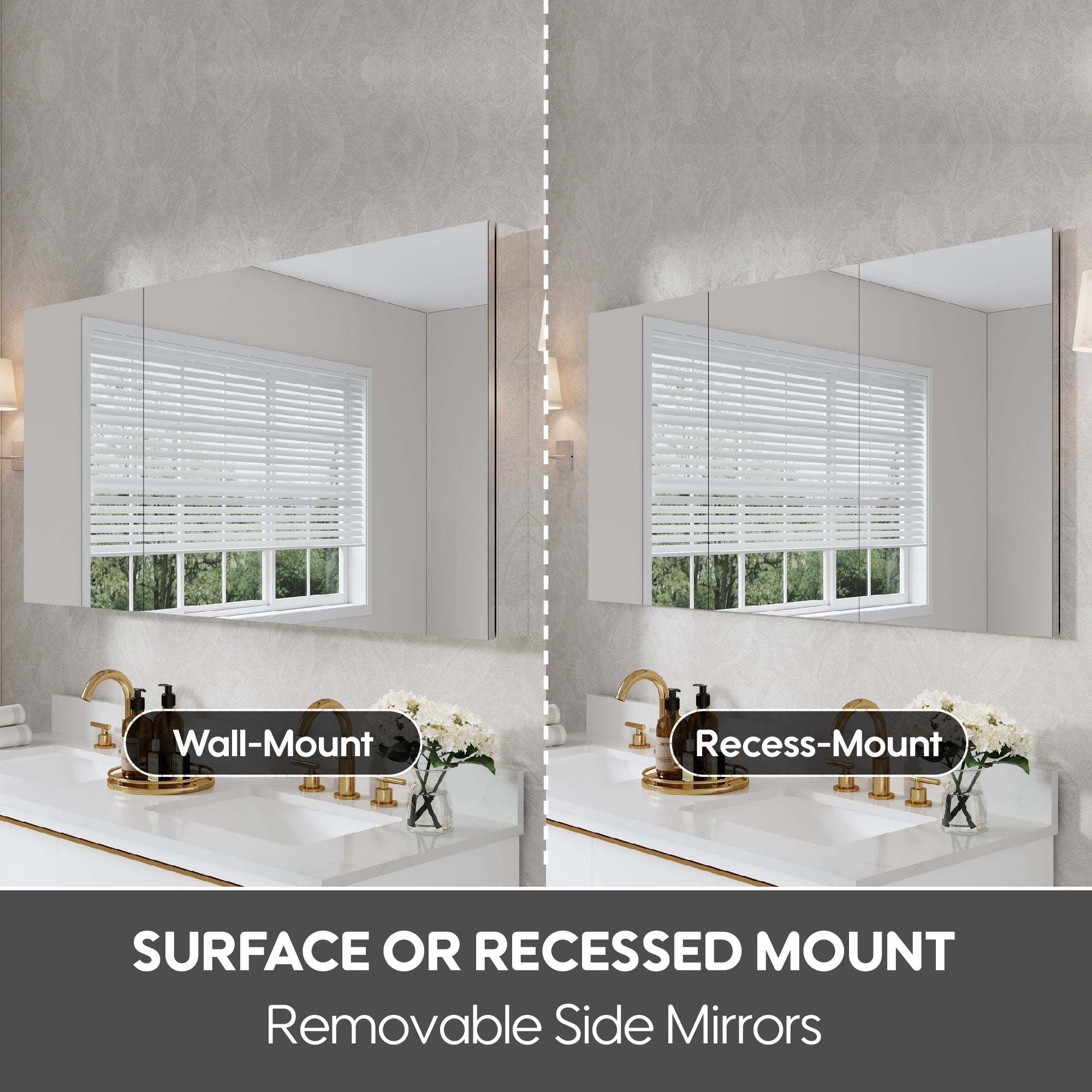 60 in. ×30 in. Copper-Free Tri-Views Mirror Medicine Cabinet with Adjustable Shelves and Triple Swing Doors