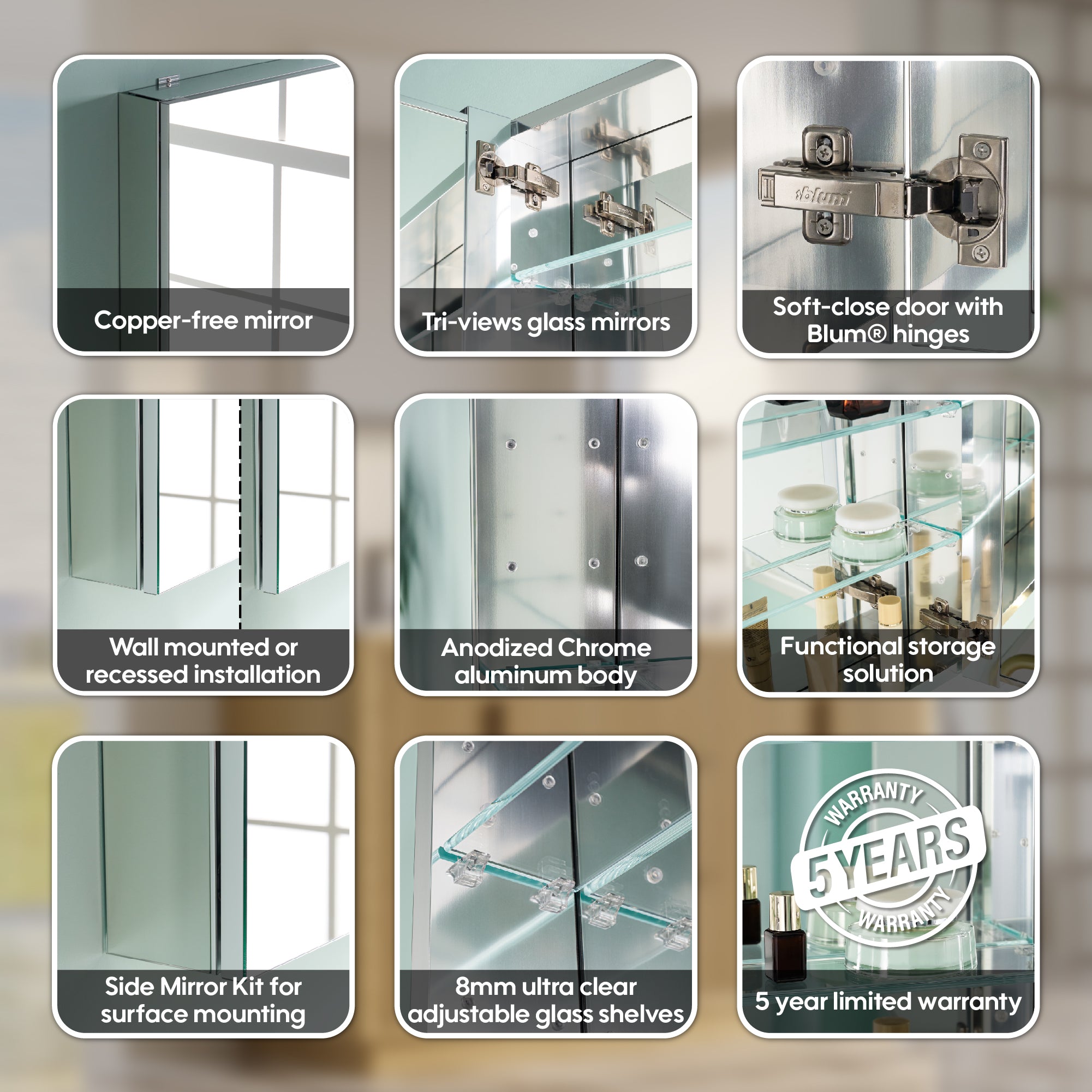 64 in. ×30 in. Copper-Free Tri-Views Mirror Medicine Cabinet with Adjustable Shelves and 5 Doors