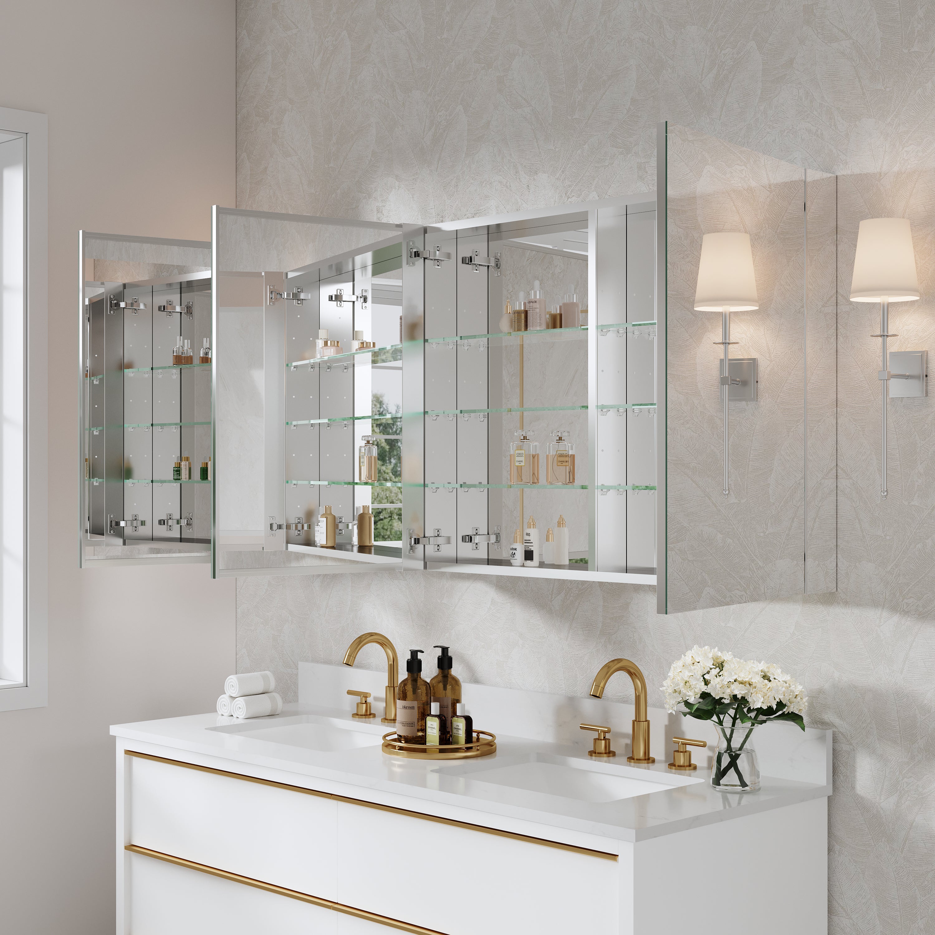 60 in. ×30 in. Copper-Free Tri-Views Mirror Medicine Cabinet with Adjustable Shelves and Triple Swing Doors