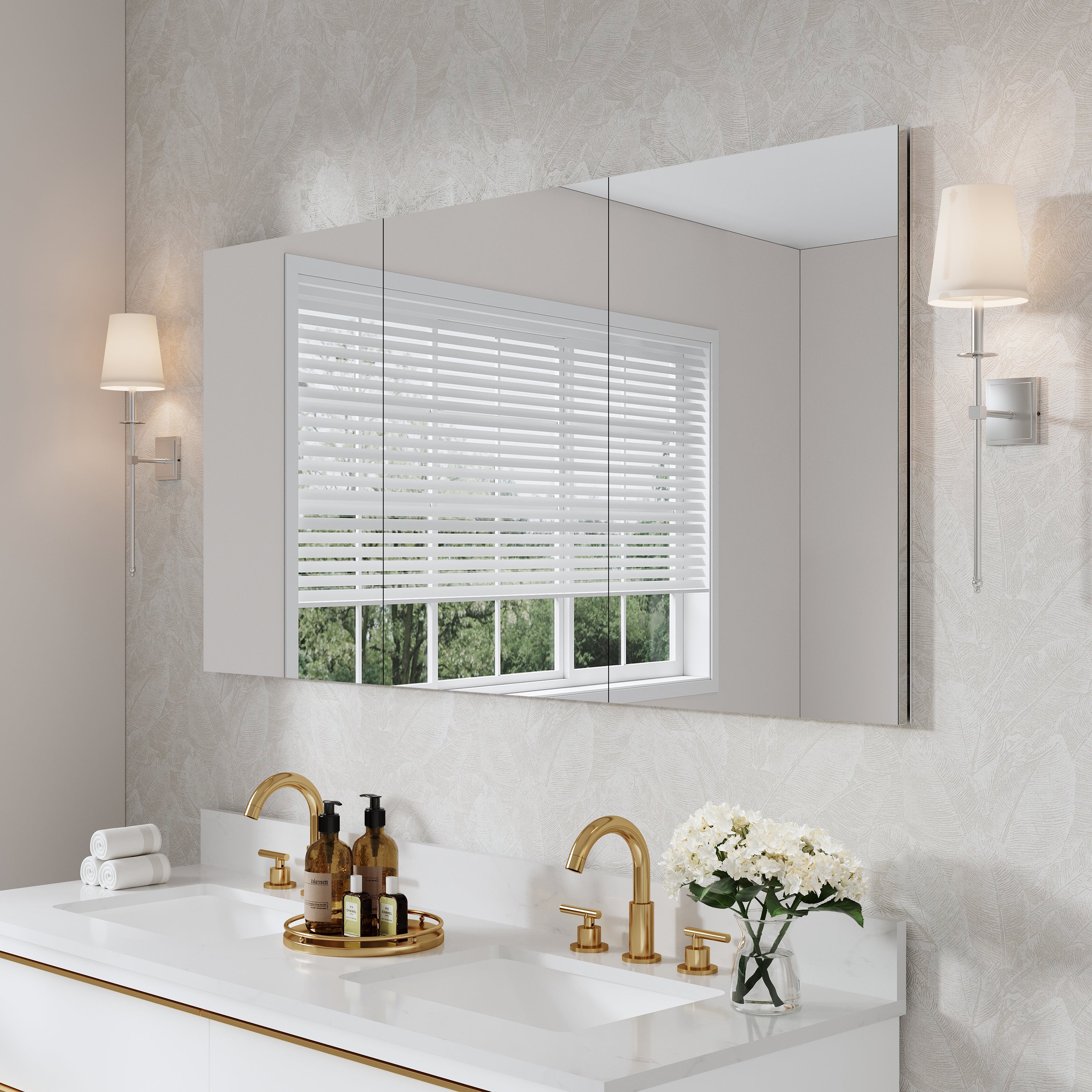 60 in. ×30 in. Copper-Free Tri-Views Mirror Medicine Cabinet with Adjustable Shelves and Triple Swing Doors