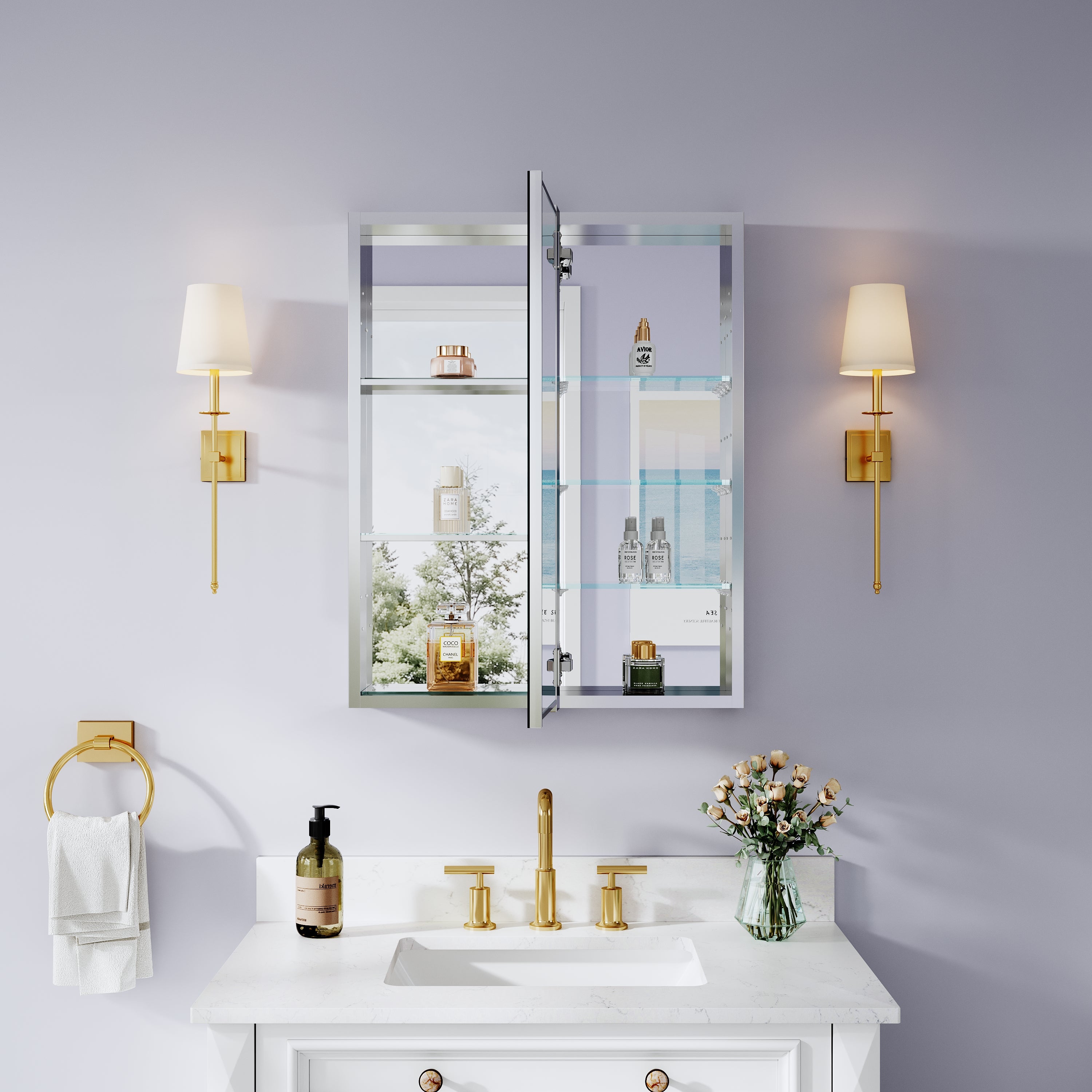 24 in. ×30 in. Bathroom Medicine Cabinet Set with Copper-Free Tri-View Mirror and Open Side Cabinet, Recessed or Surface Mount