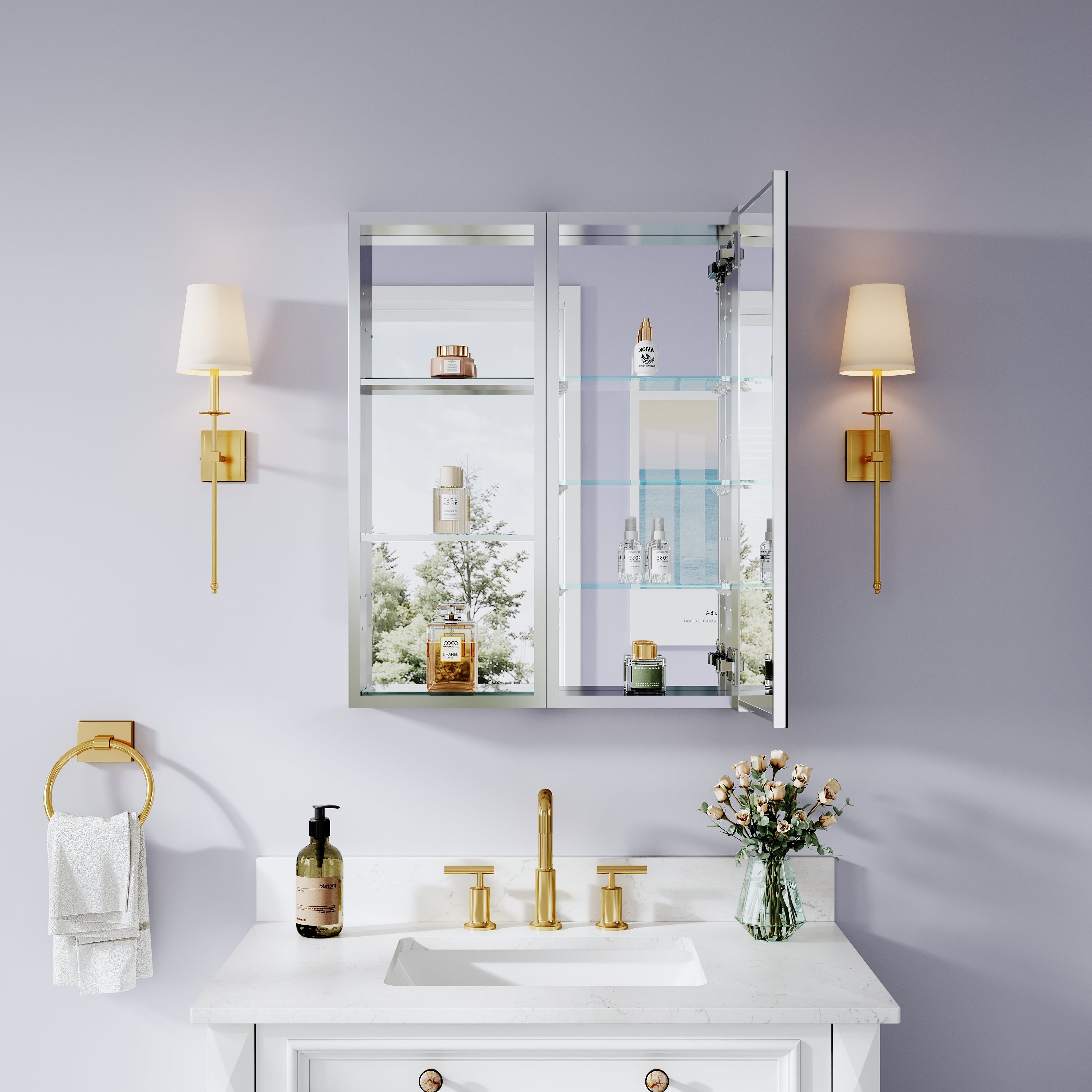 24 in. ×30 in. Bathroom Medicine Cabinet Set with Copper-Free Tri-View Mirror and Open Side Cabinet, Recessed or Surface Mount