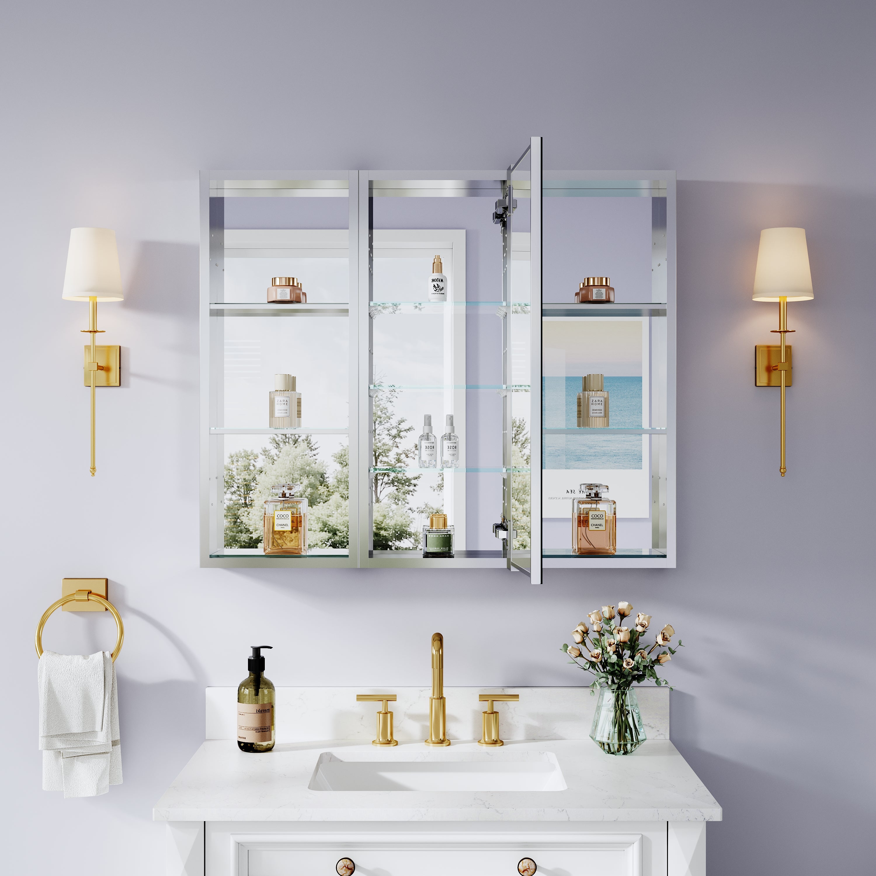 36 in. ×30 in. Bathroom Medicine Cabinet Set with Copper-Free Tri-View Mirror and Open Side Cabinet, Recessed or Surface Mount