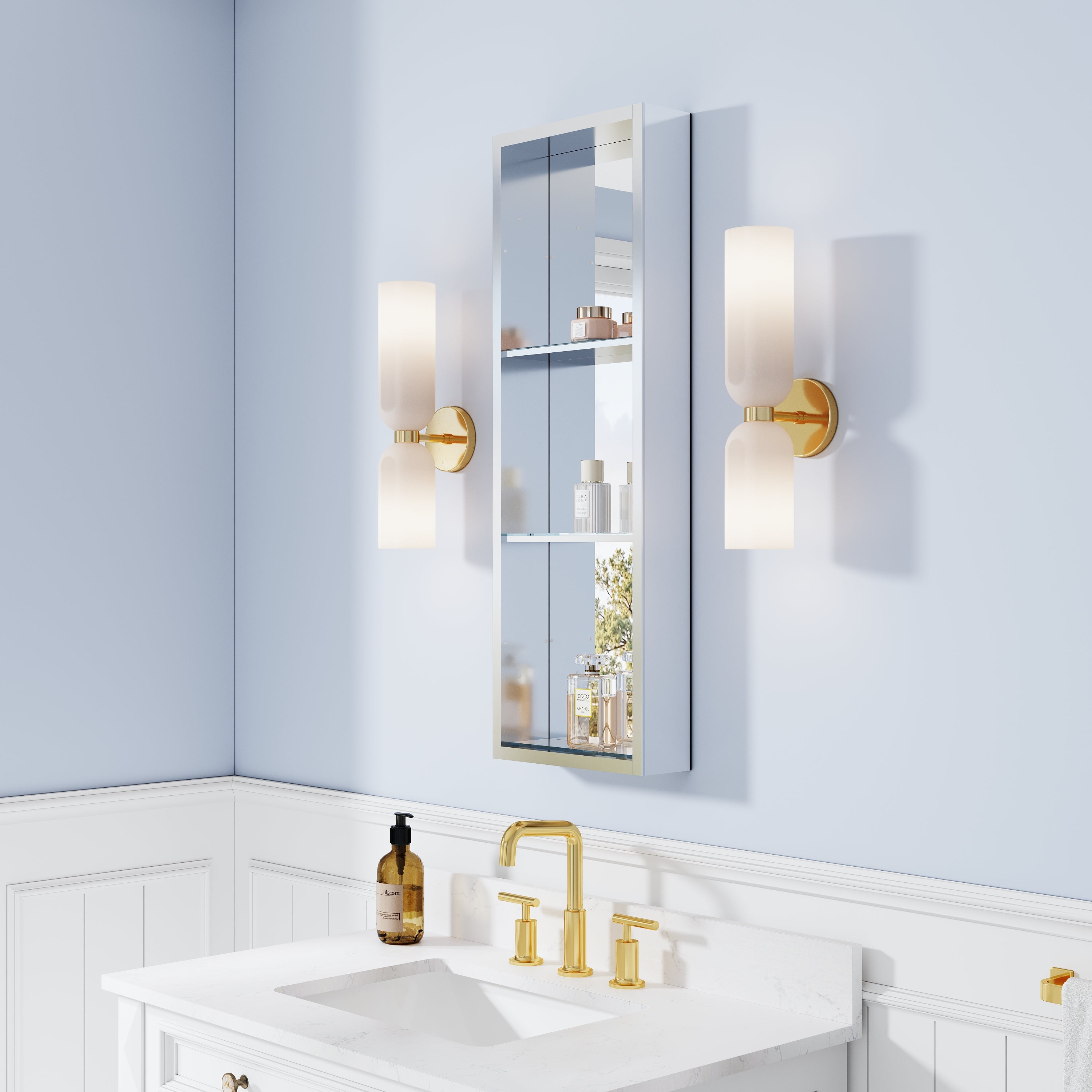 12 in.×36 in. Recessed/Surface Mount Mirror Cabinet with Open Shelves and 3 PCS Tempered Glass