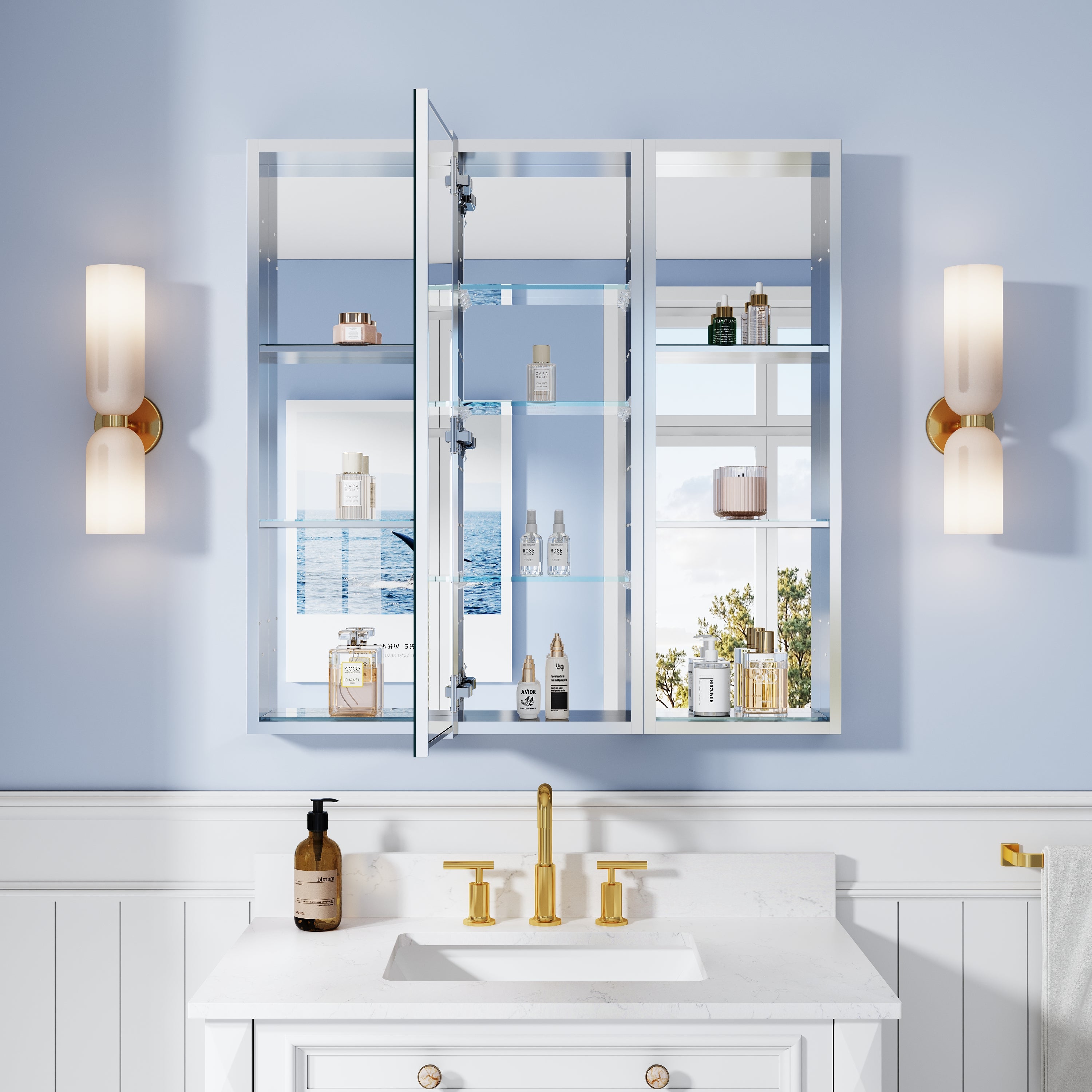 36 in. ×36 in. Bathroom Medicine Cabinet Set with Copper-Free Tri-View Mirror and Open Side Cabinet, Recessed or Surface Mount