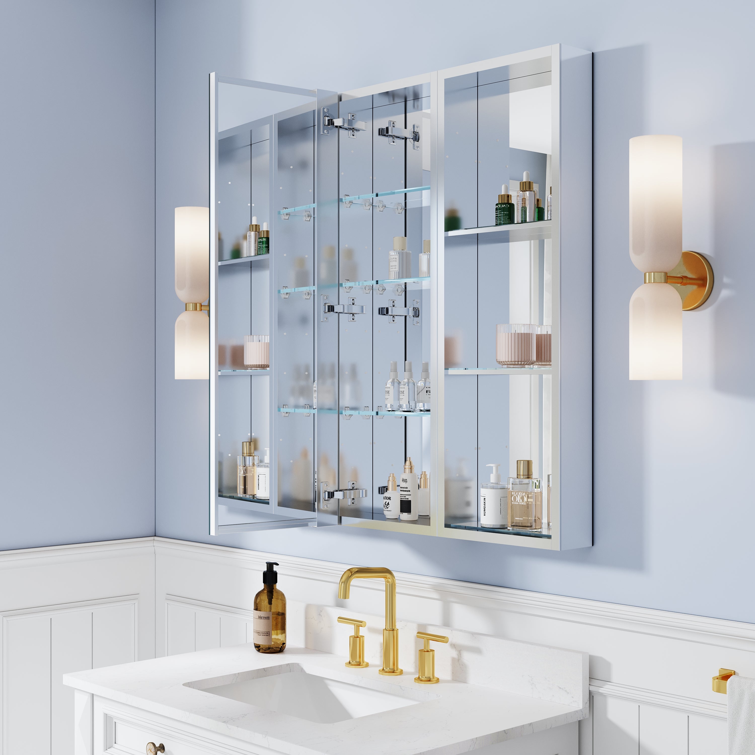 36 in. ×36 in. Bathroom Medicine Cabinet Set with Copper-Free Tri-View Mirror and Open Side Cabinet, Recessed or Surface Mount