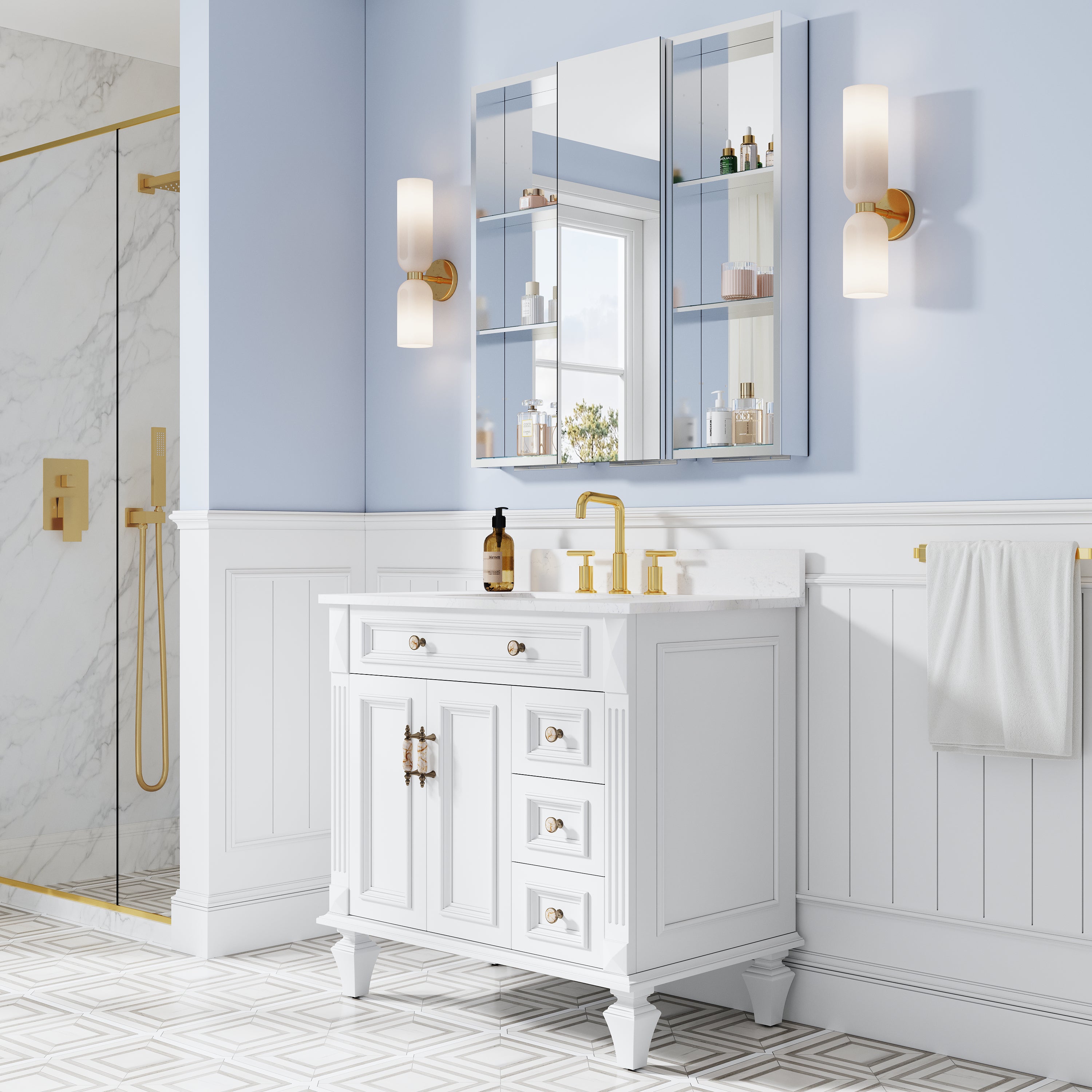 36 in. ×36 in. Bathroom Medicine Cabinet Set with Copper-Free Tri-View Mirror and Open Side Cabinet, Recessed or Surface Mount