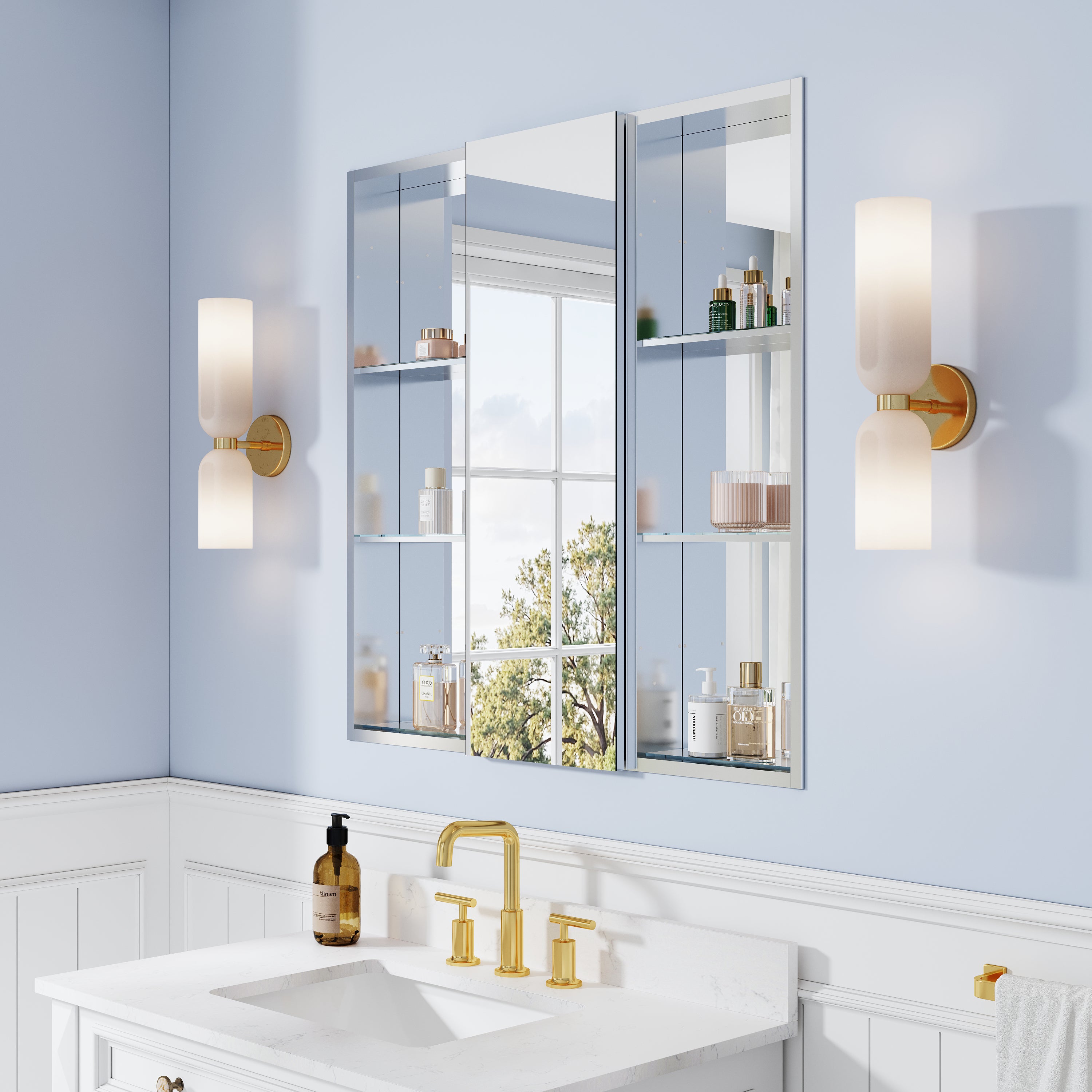 36 in. ×36 in. Bathroom Medicine Cabinet Set with Copper-Free Tri-View Mirror and Open Side Cabinet, Recessed or Surface Mount