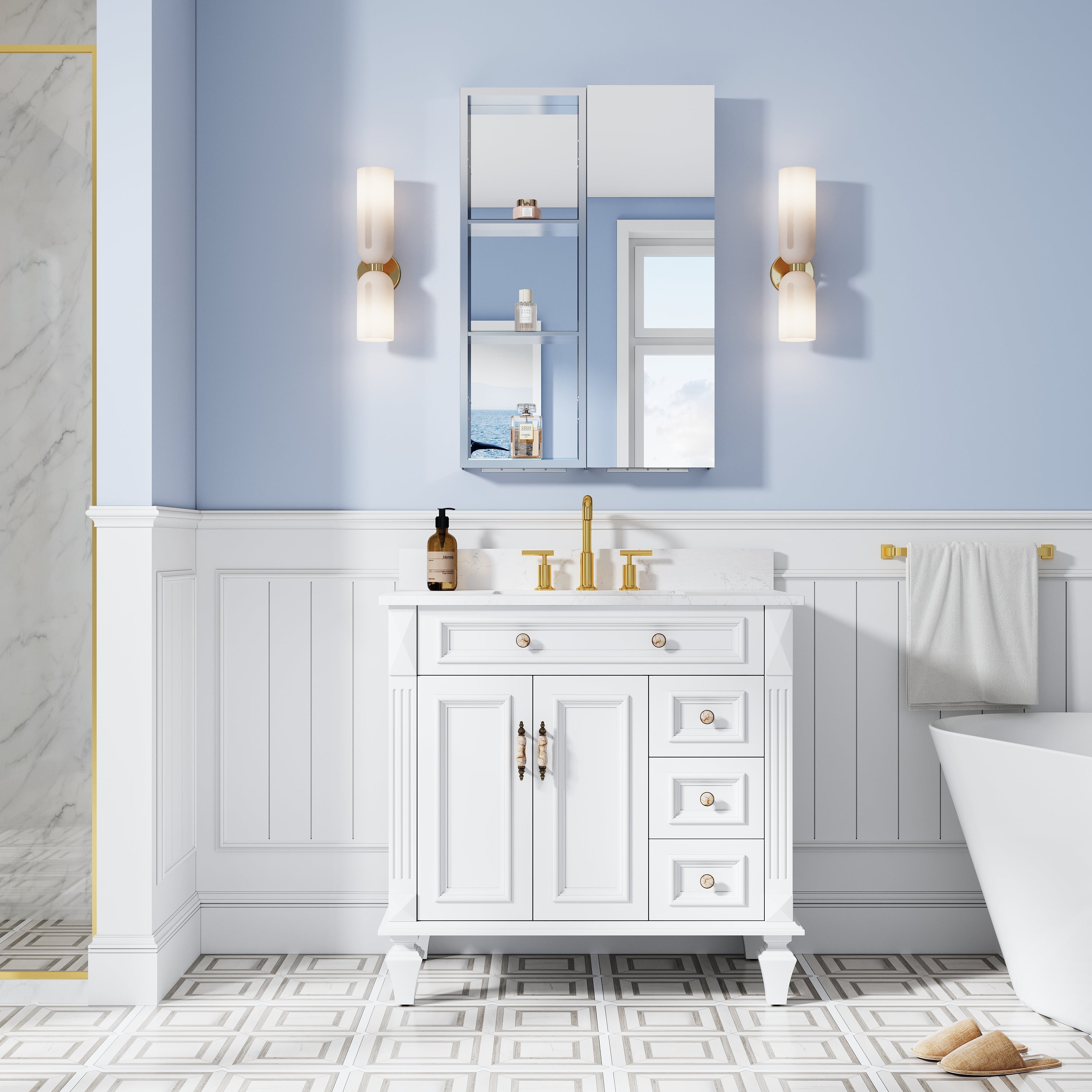 24 in. ×36 in. Bathroom Medicine Cabinet Set with Copper-Free Tri-View Mirror and Open Side Cabinet, Recessed or Surface Mount