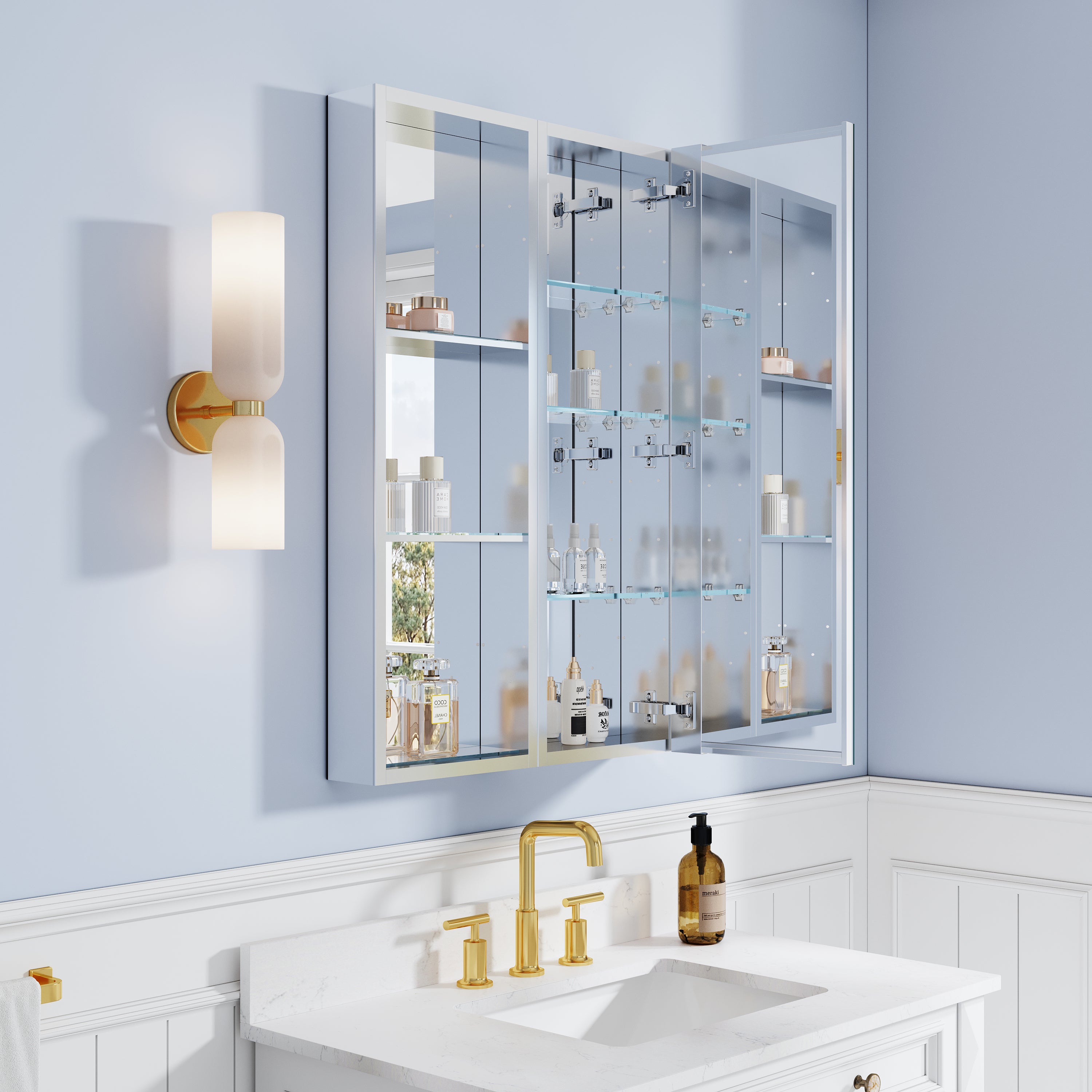 24 in. ×36 in. Bathroom Medicine Cabinet Set with Copper-Free Tri-View Mirror and Open Side Cabinet, Recessed or Surface Mount