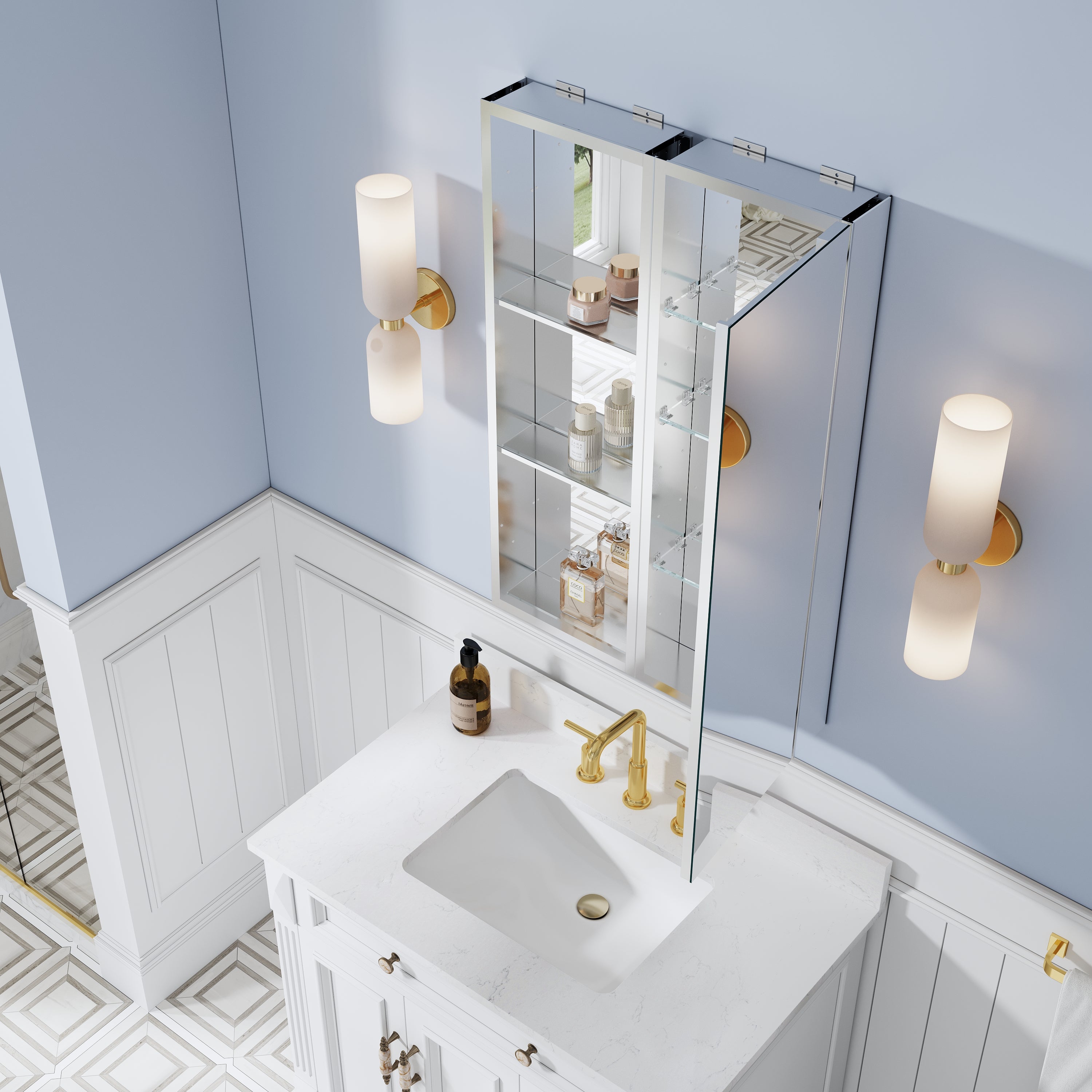 24 in. ×36 in. Bathroom Medicine Cabinet Set with Copper-Free Tri-View Mirror and Open Side Cabinet, Recessed or Surface Mount