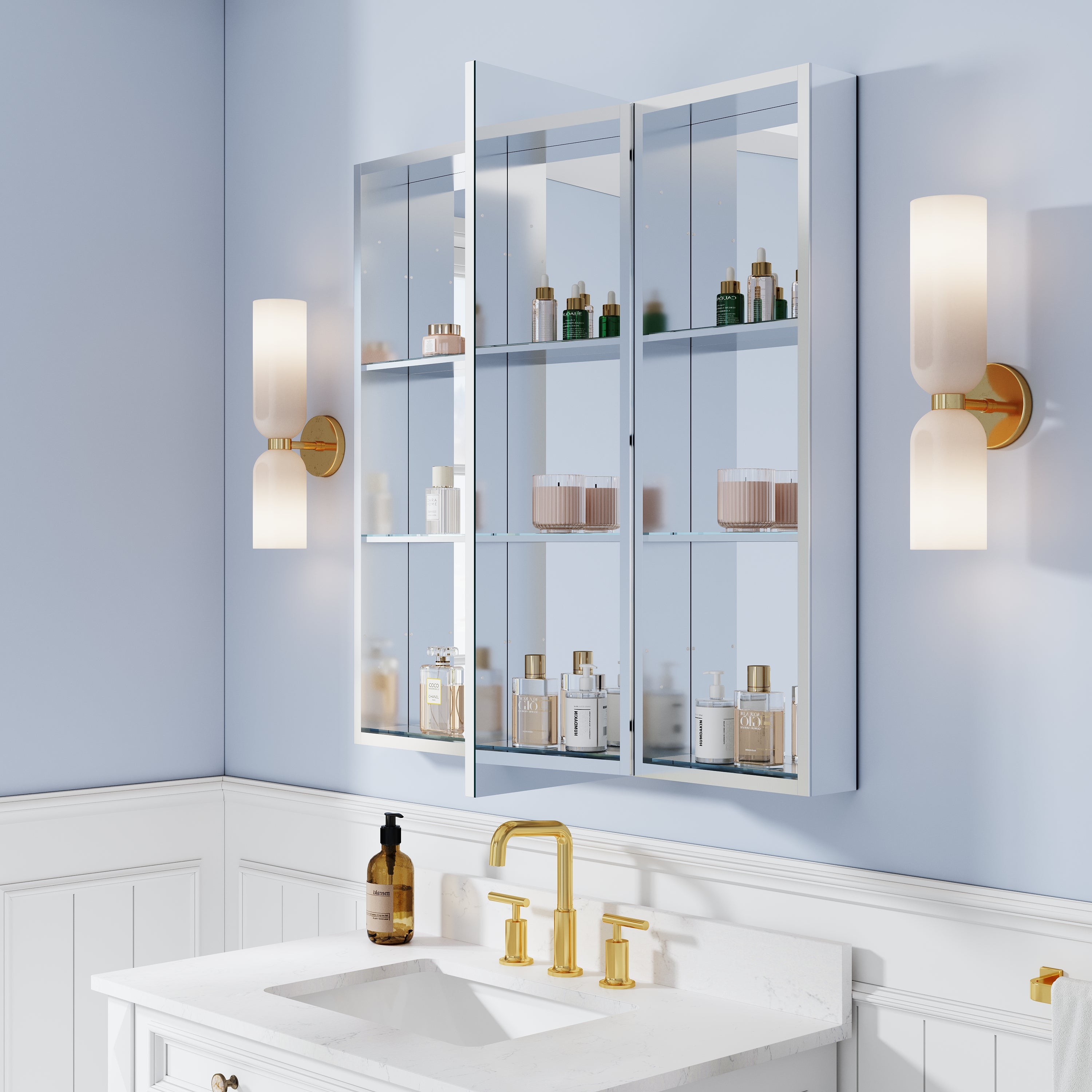 36 in. ×36 in. Bathroom Medicine Cabinet Set with Copper-Free Tri-View Mirror and Open Side Cabinet, Recessed or Surface Mount