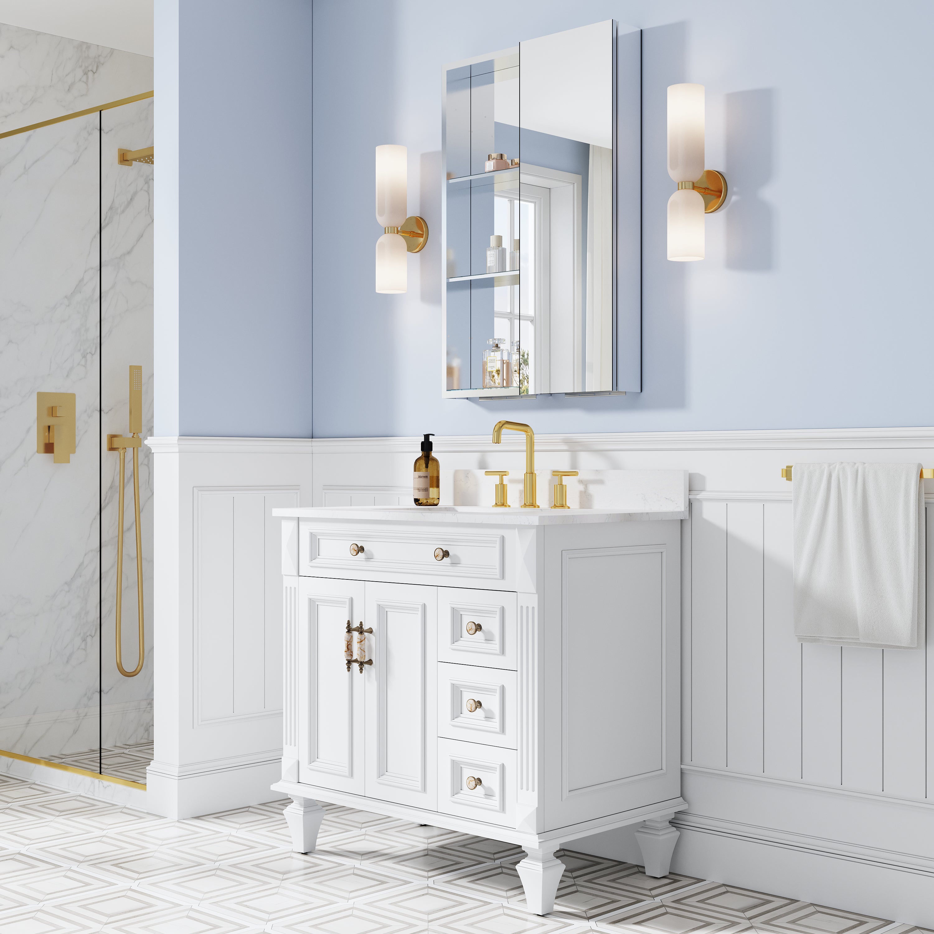 24 in. ×36 in. Bathroom Medicine Cabinet Set with Copper-Free Tri-View Mirror and Open Side Cabinet, Recessed or Surface Mount