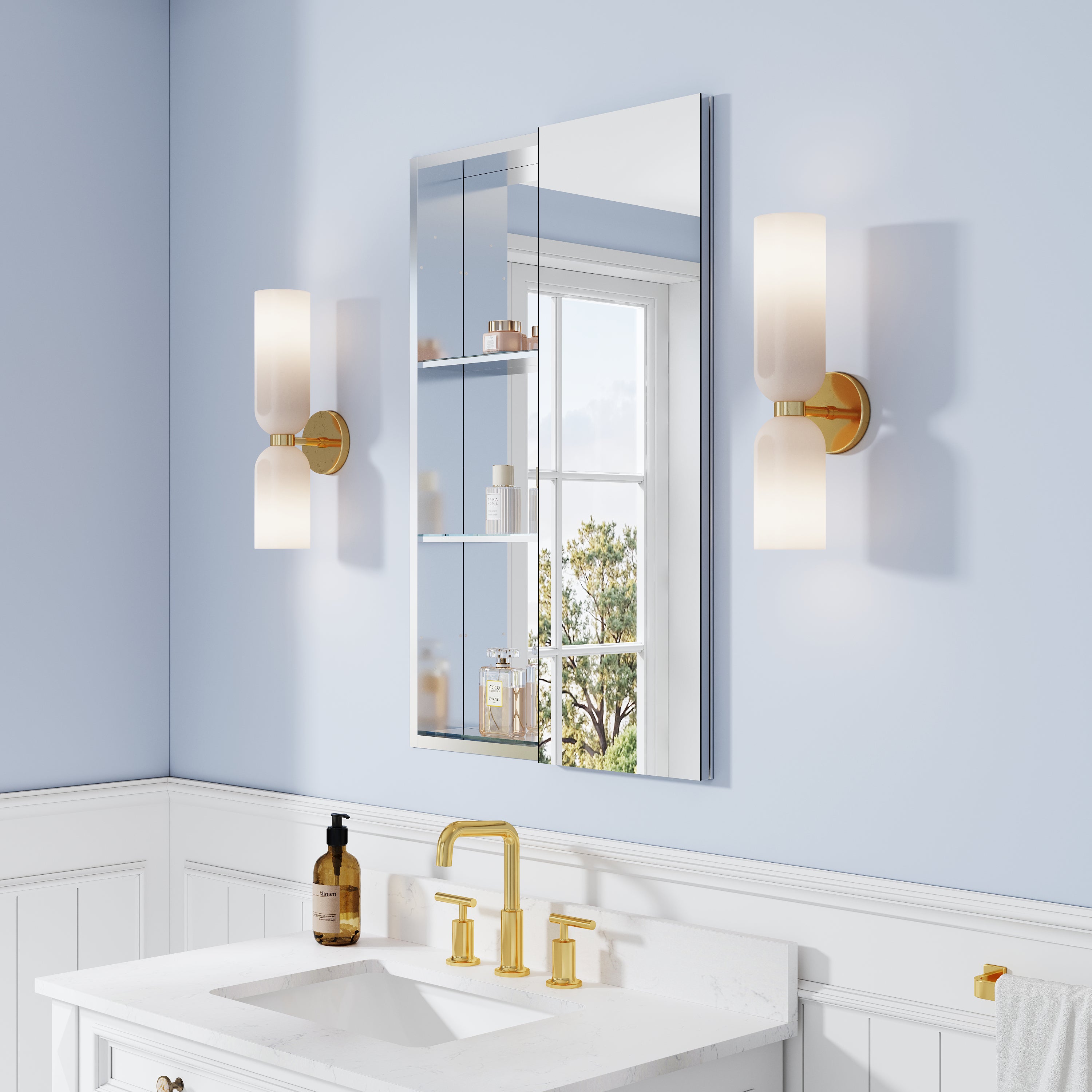 24 in. ×36 in. Bathroom Medicine Cabinet Set with Copper-Free Tri-View Mirror and Open Side Cabinet, Recessed or Surface Mount