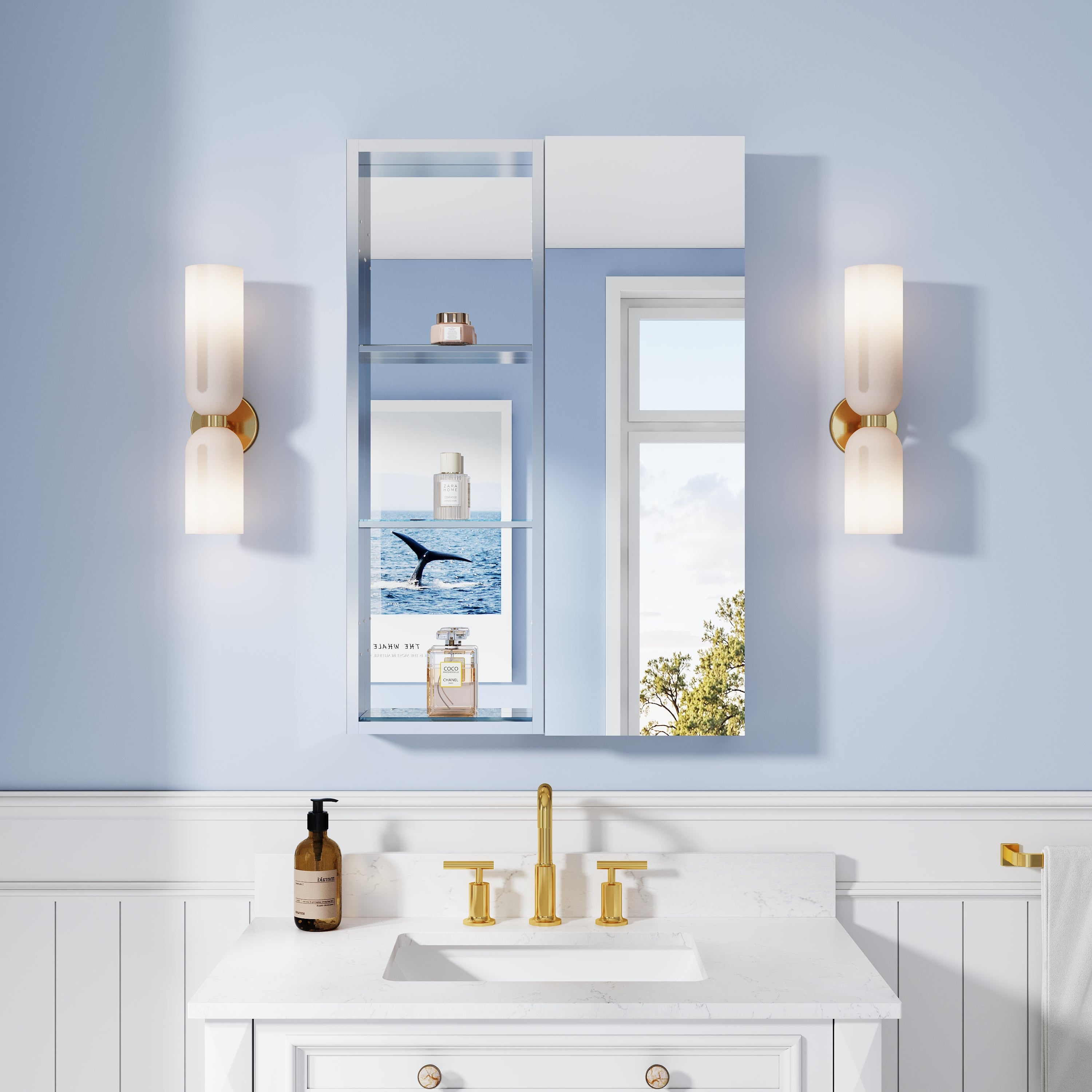 24 in. ×36 in. Bathroom Medicine Cabinet Set with Copper-Free Tri-View Mirror and Open Side Cabinet, Recessed or Surface Mount