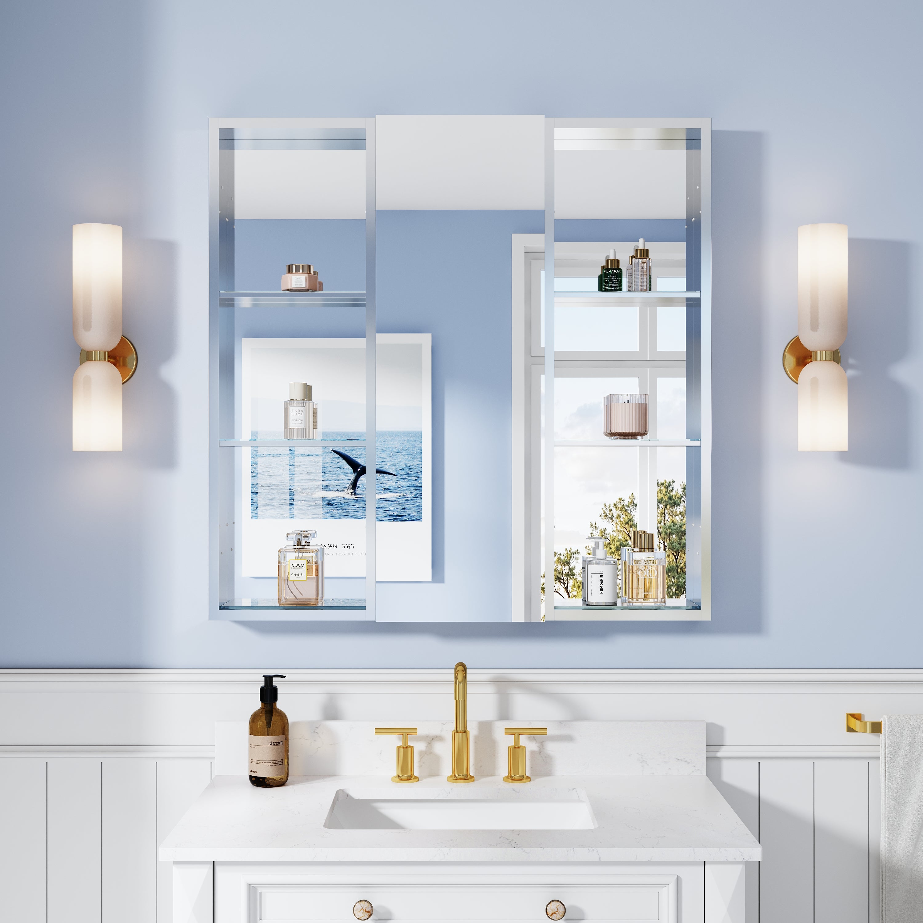 36 in. ×36 in. Bathroom Medicine Cabinet Set with Copper-Free Tri-View Mirror and Open Side Cabinet, Recessed or Surface Mount
