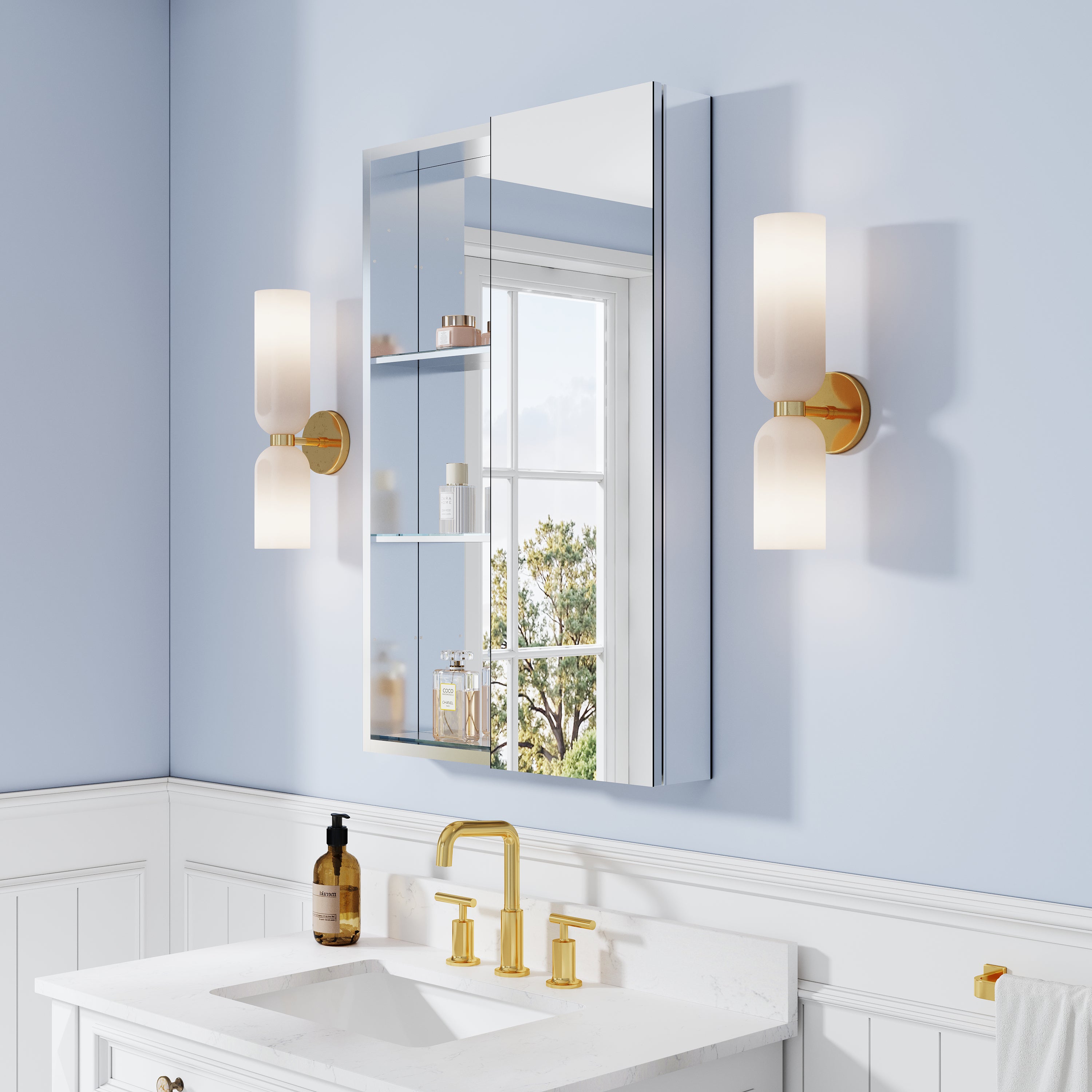 24 in. ×36 in. Bathroom Medicine Cabinet Set with Copper-Free Tri-View Mirror and Open Side Cabinet, Recessed or Surface Mount