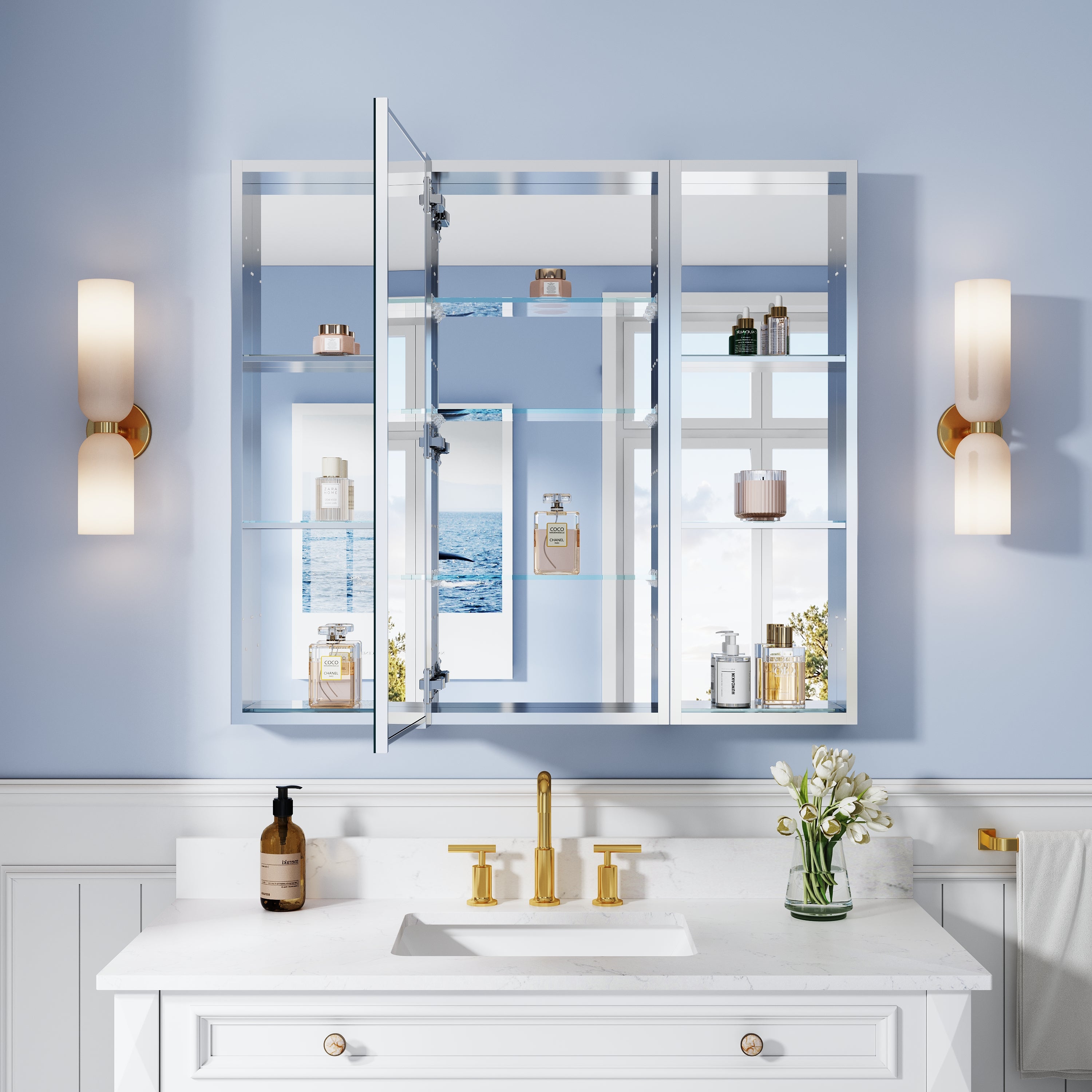 40 in. ×36 in. Bathroom Medicine Cabinet Set with Copper-Free Tri-View Mirror and Open Side Cabinet, Recessed or Surface Mount