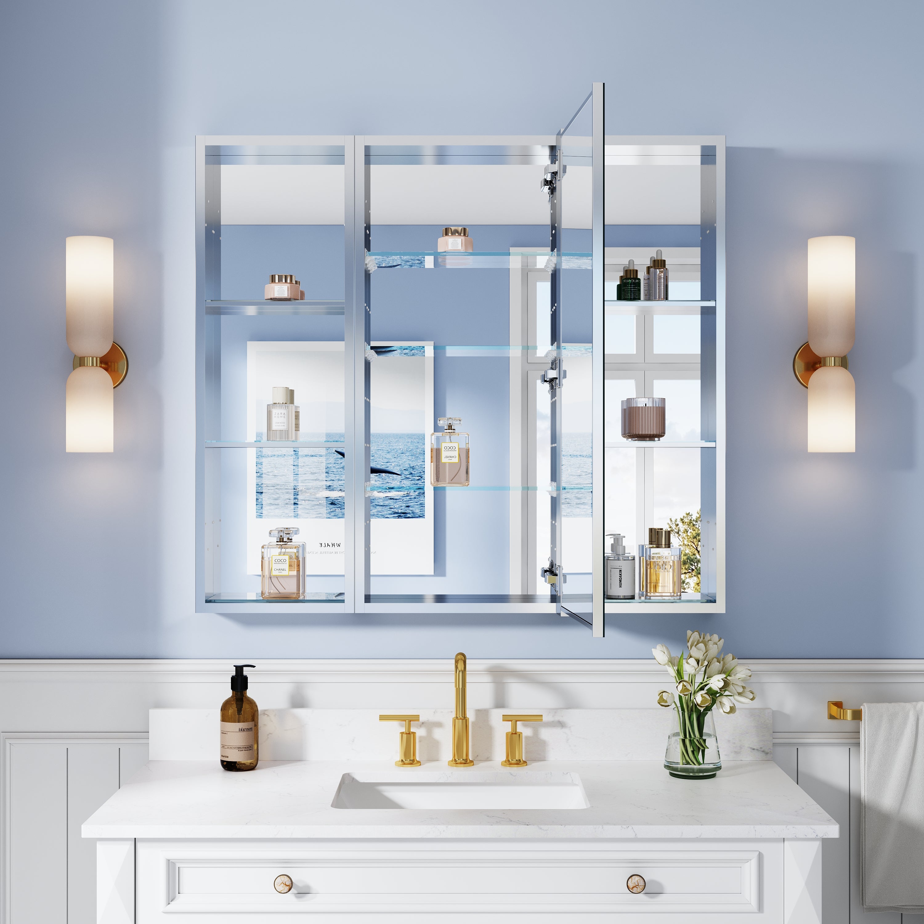 40 in. ×36 in. Bathroom Medicine Cabinet Set with Copper-Free Tri-View Mirror and Open Side Cabinet, Recessed or Surface Mount