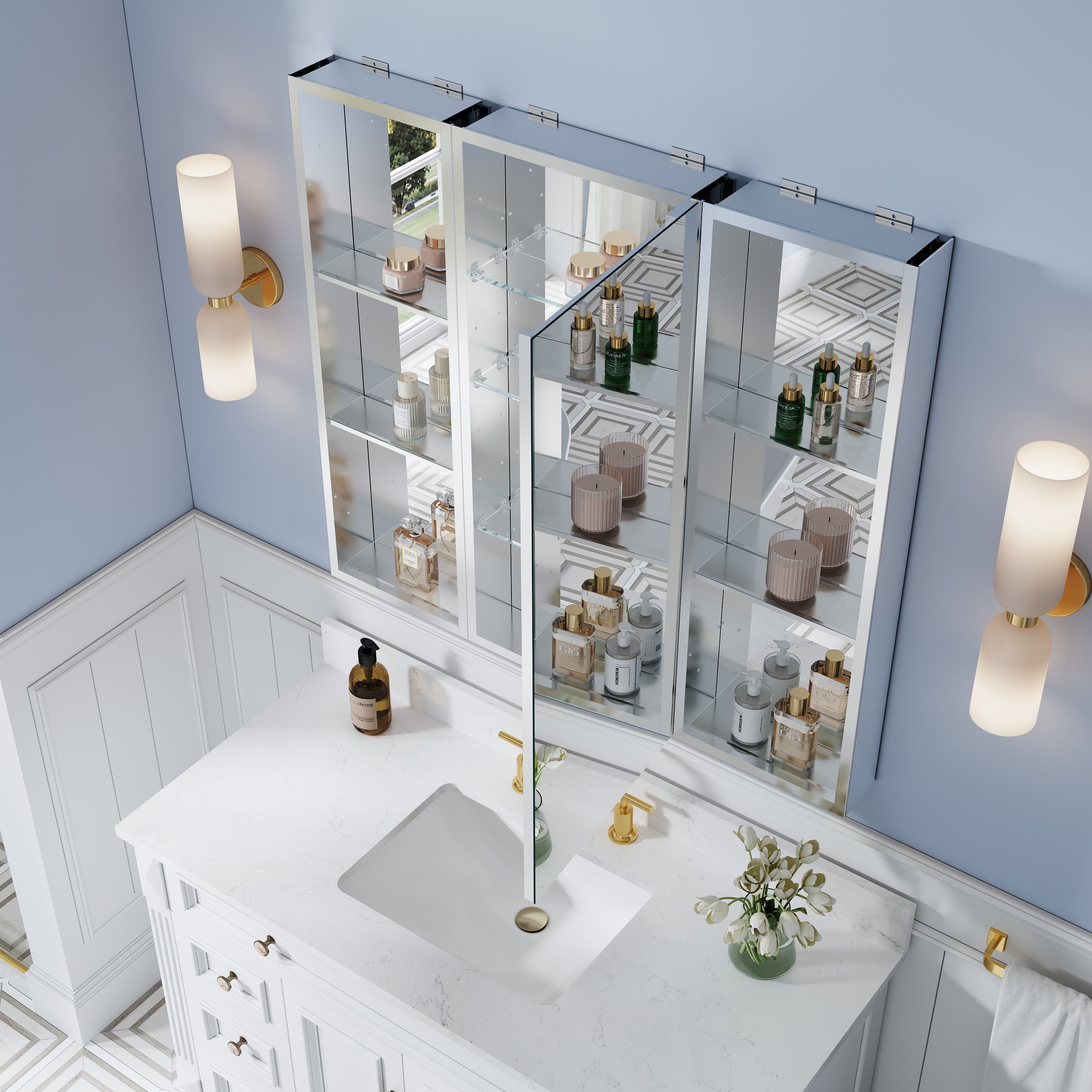 40 in. ×36 in. Bathroom Medicine Cabinet Set with Copper-Free Tri-View Mirror and Open Side Cabinet, Recessed or Surface Mount