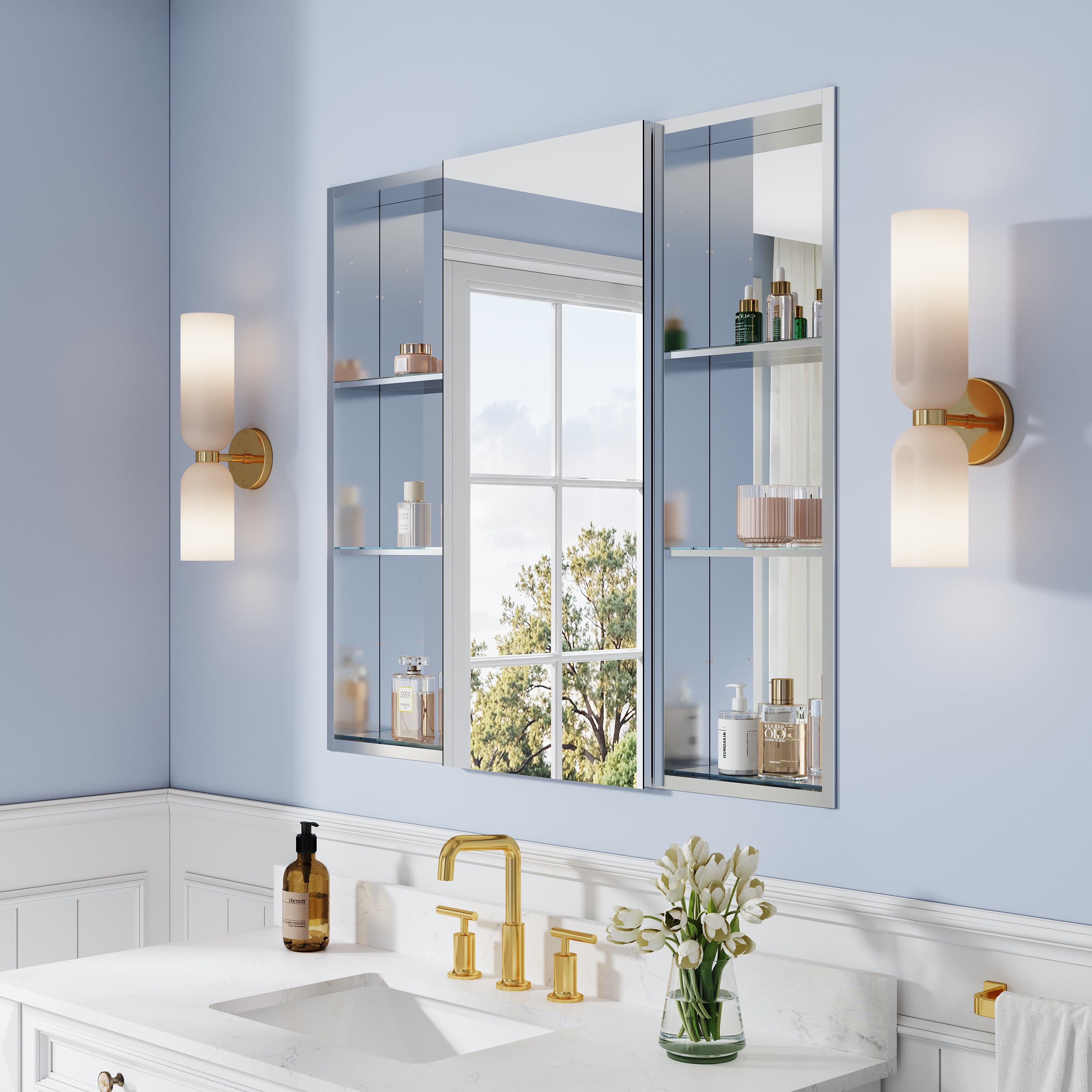 40 in. ×36 in. Bathroom Medicine Cabinet Set with Copper-Free Tri-View Mirror and Open Side Cabinet, Recessed or Surface Mount