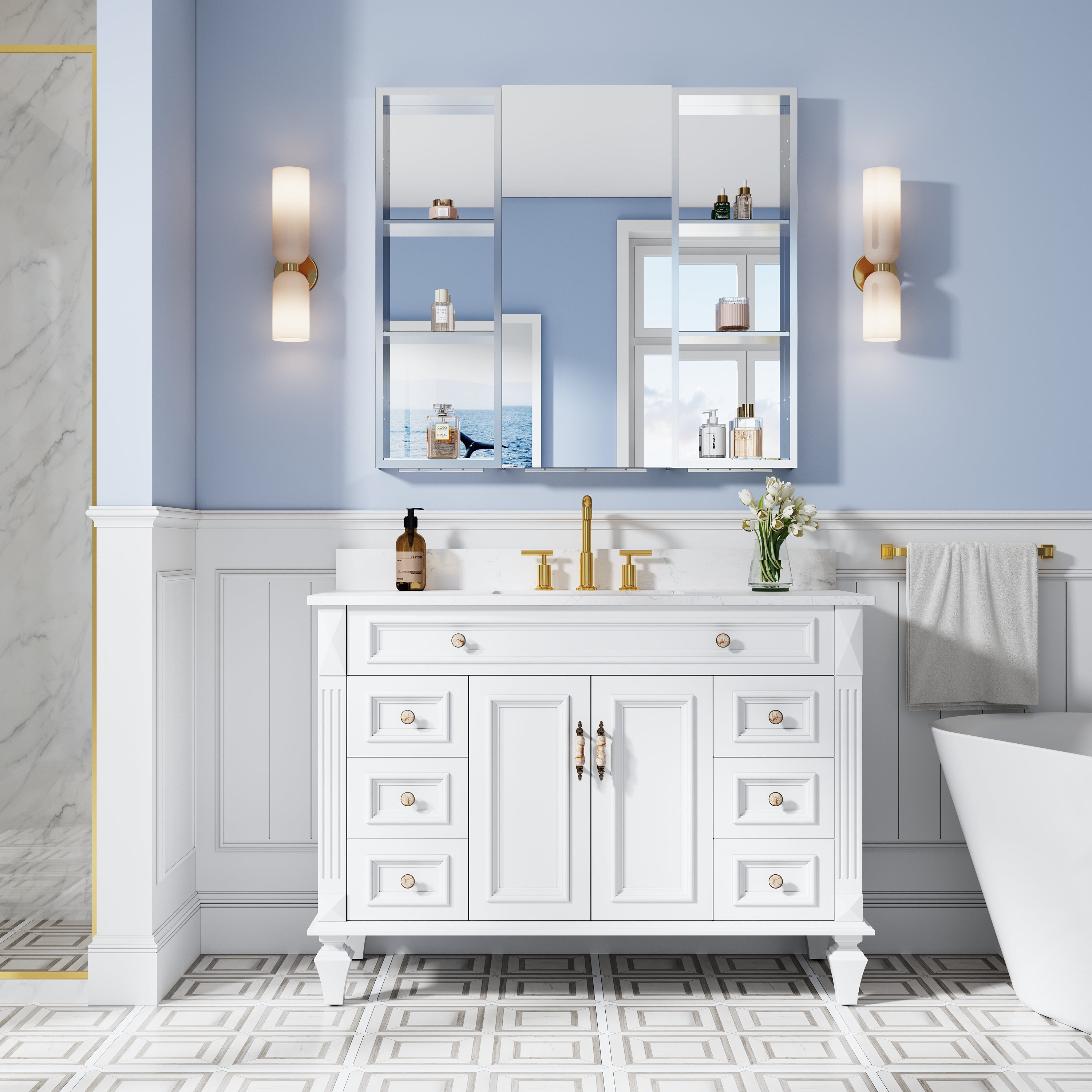 40 in. ×36 in. Bathroom Medicine Cabinet Set with Copper-Free Tri-View Mirror and Open Side Cabinet, Recessed or Surface Mount