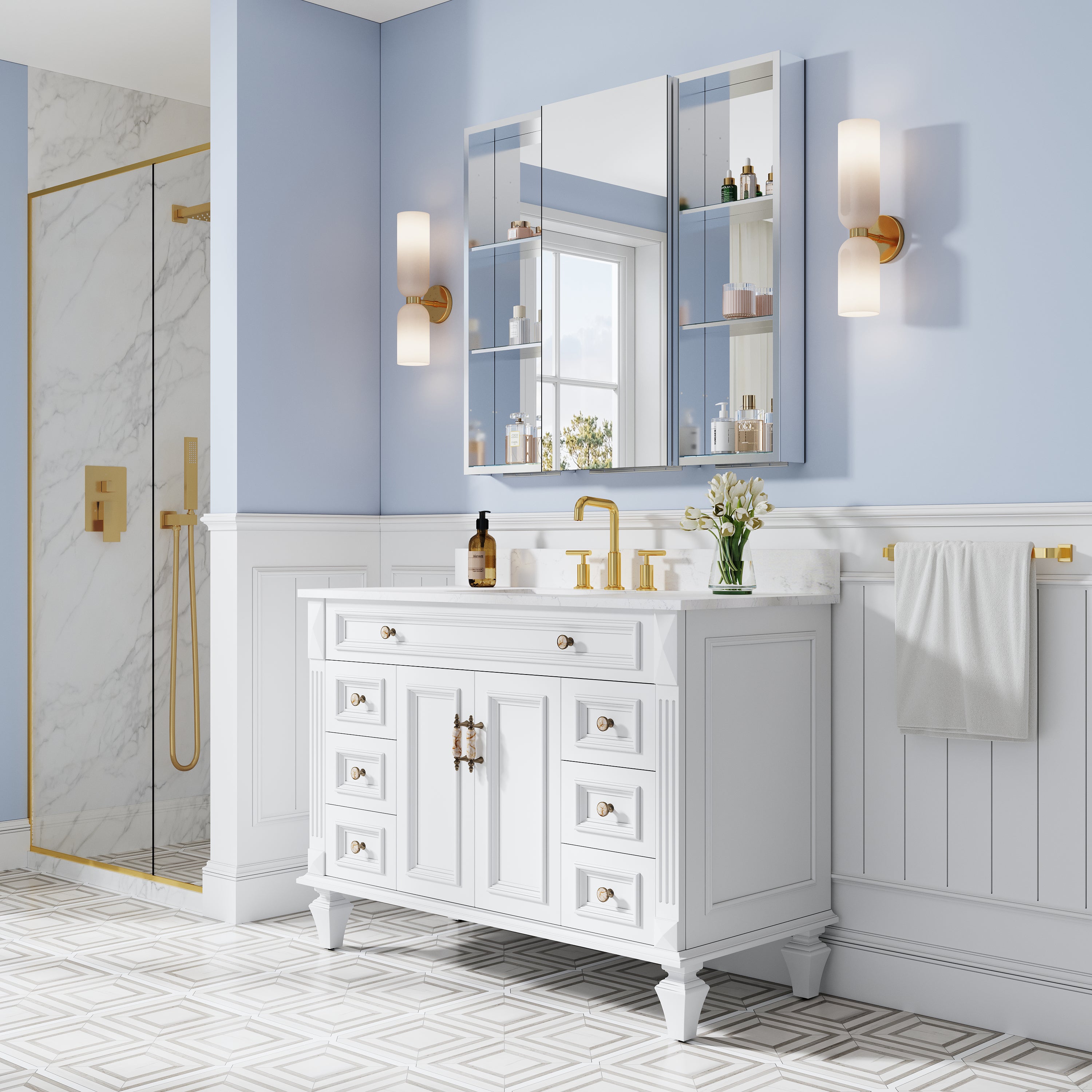 40 in. ×36 in. Bathroom Medicine Cabinet Set with Copper-Free Tri-View Mirror and Open Side Cabinet, Recessed or Surface Mount