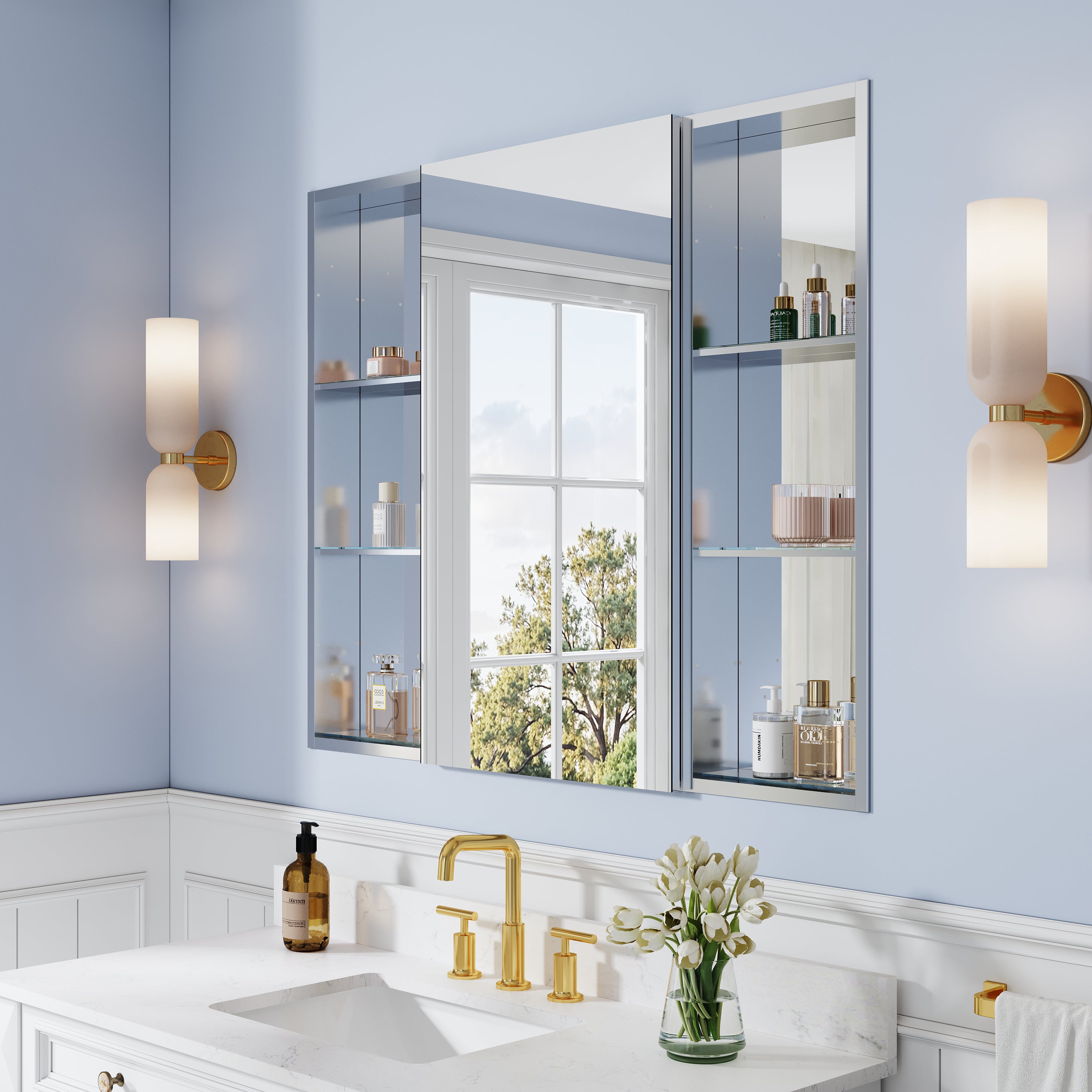 44 in. ×36 in. Bathroom Medicine Cabinet Set with Copper-Free Tri-View Mirror and Open Side Cabinet, Recessed or Surface Mount