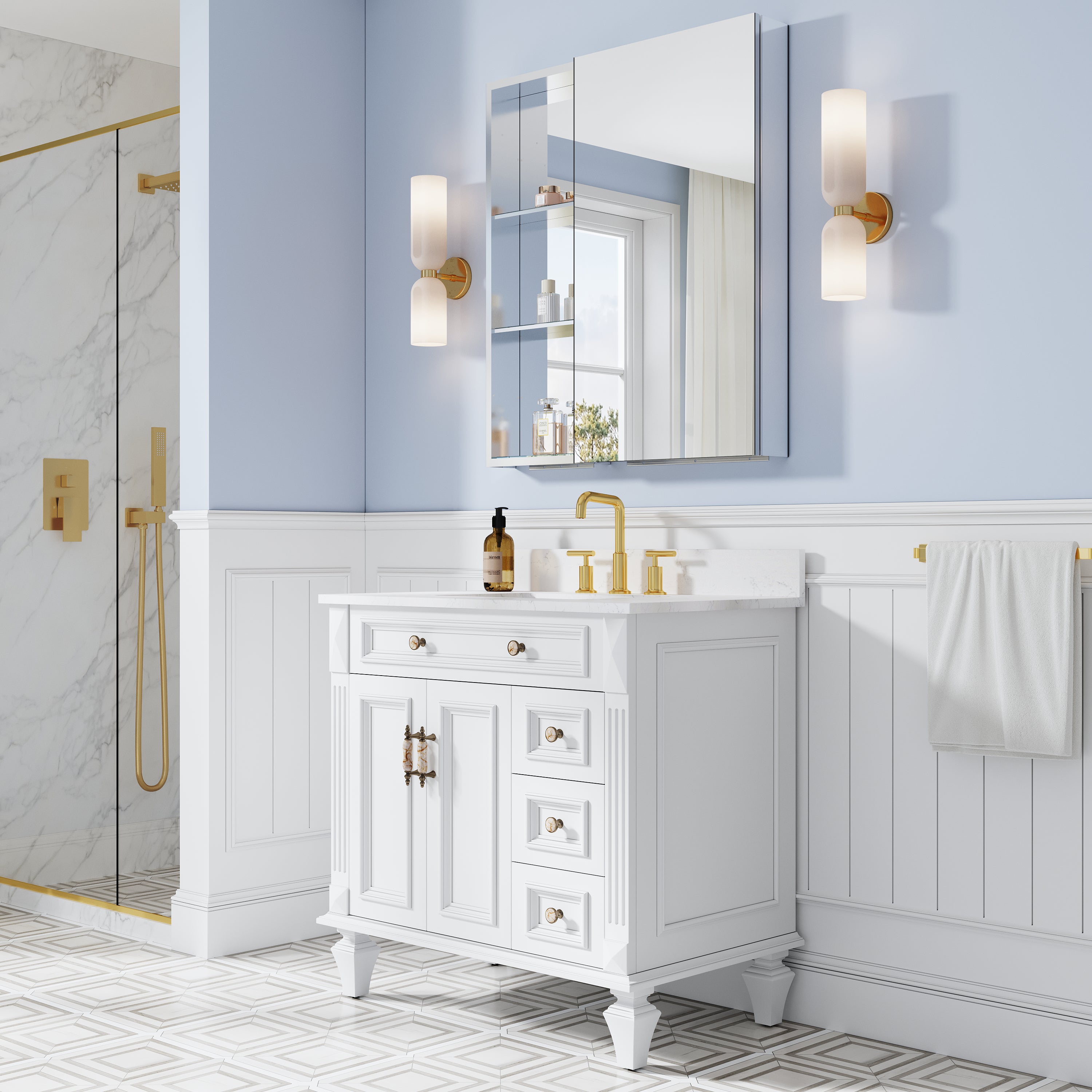 32 in. ×36 in. Bathroom Medicine Cabinet Set with Copper-Free Tri-View Mirror and Open Side Cabinet, Recessed or Surface Mount