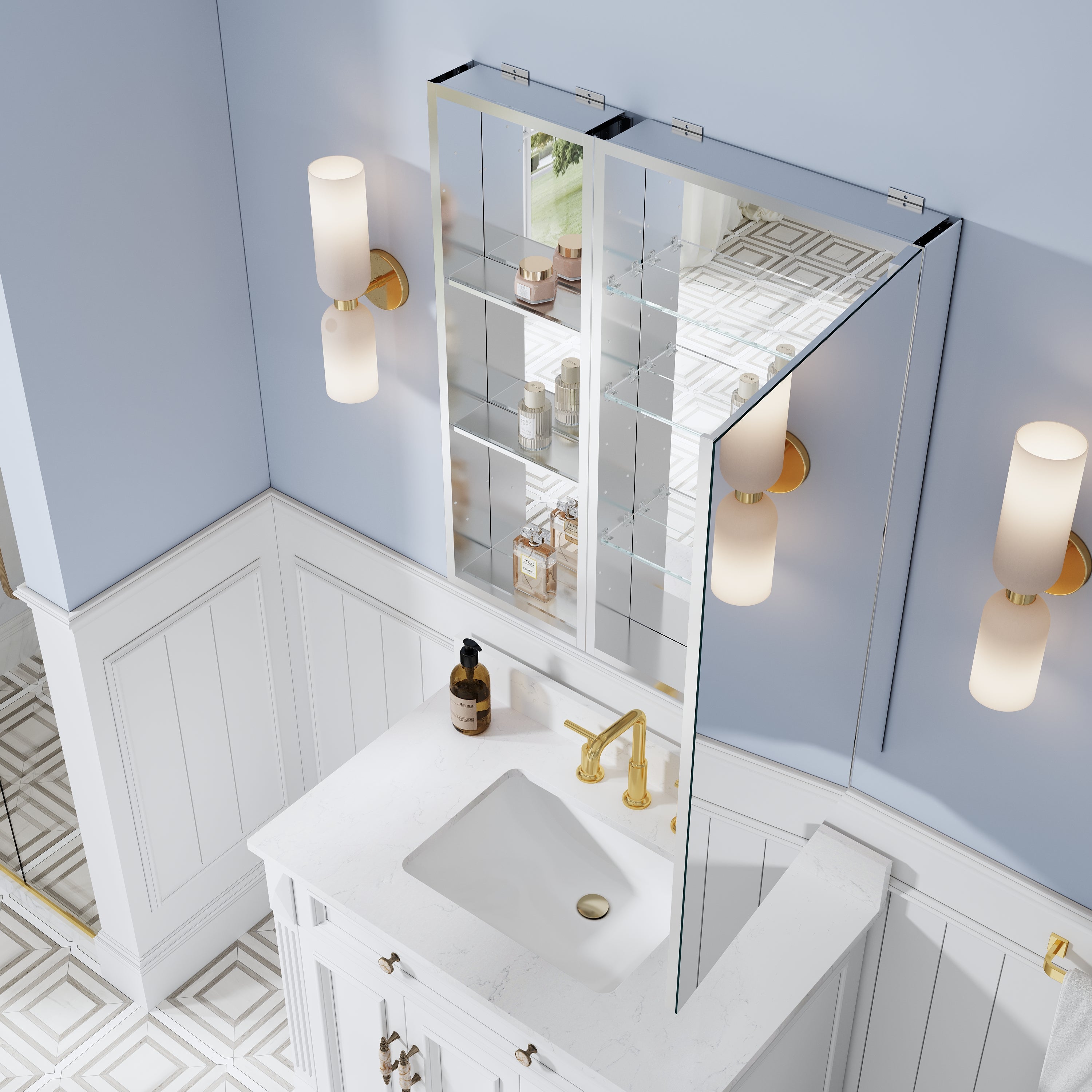 32 in. ×36 in. Bathroom Medicine Cabinet Set with Copper-Free Tri-View Mirror and Open Side Cabinet, Recessed or Surface Mount