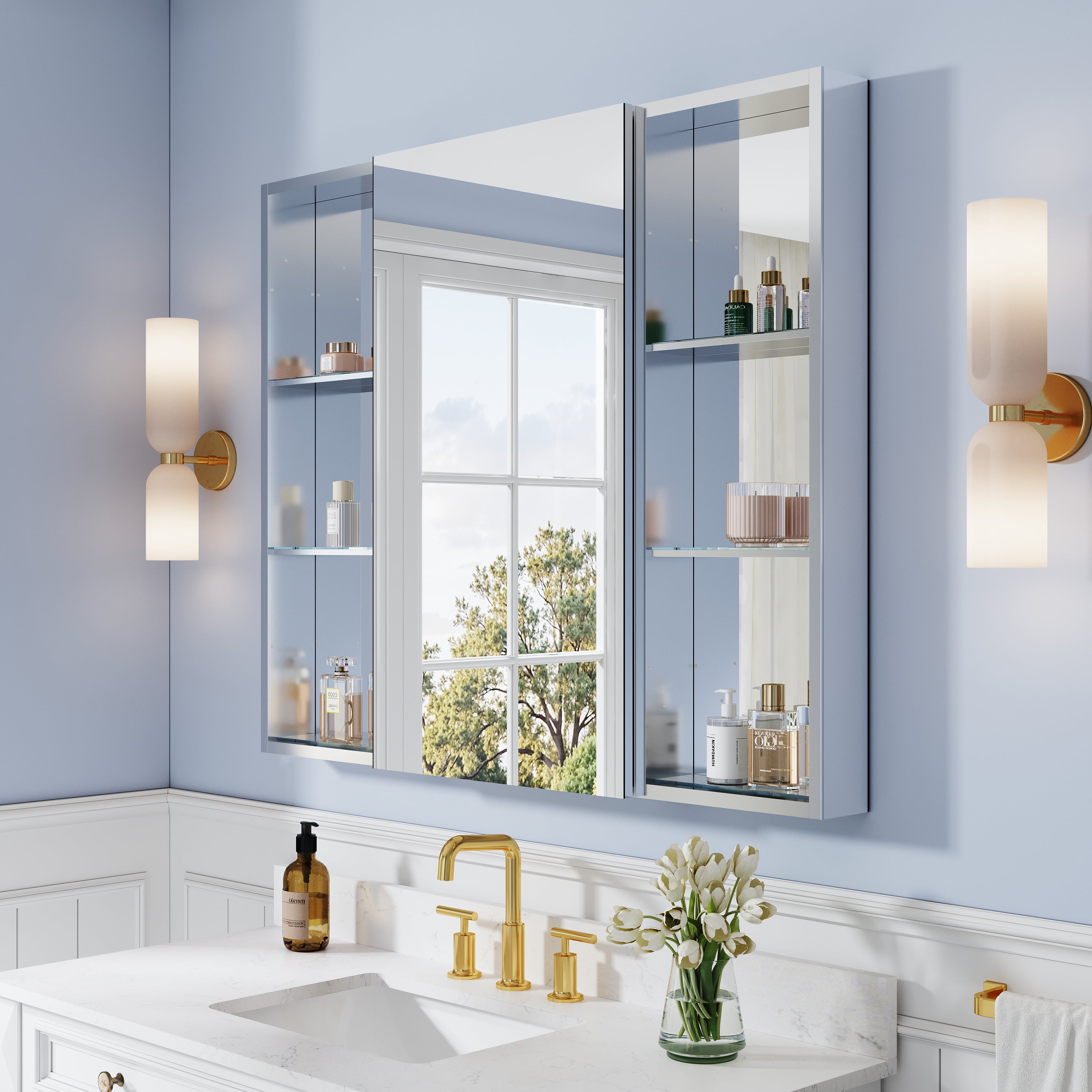 44 in. ×36 in. Bathroom Medicine Cabinet Set with Copper-Free Tri-View Mirror and Open Side Cabinet, Recessed or Surface Mount