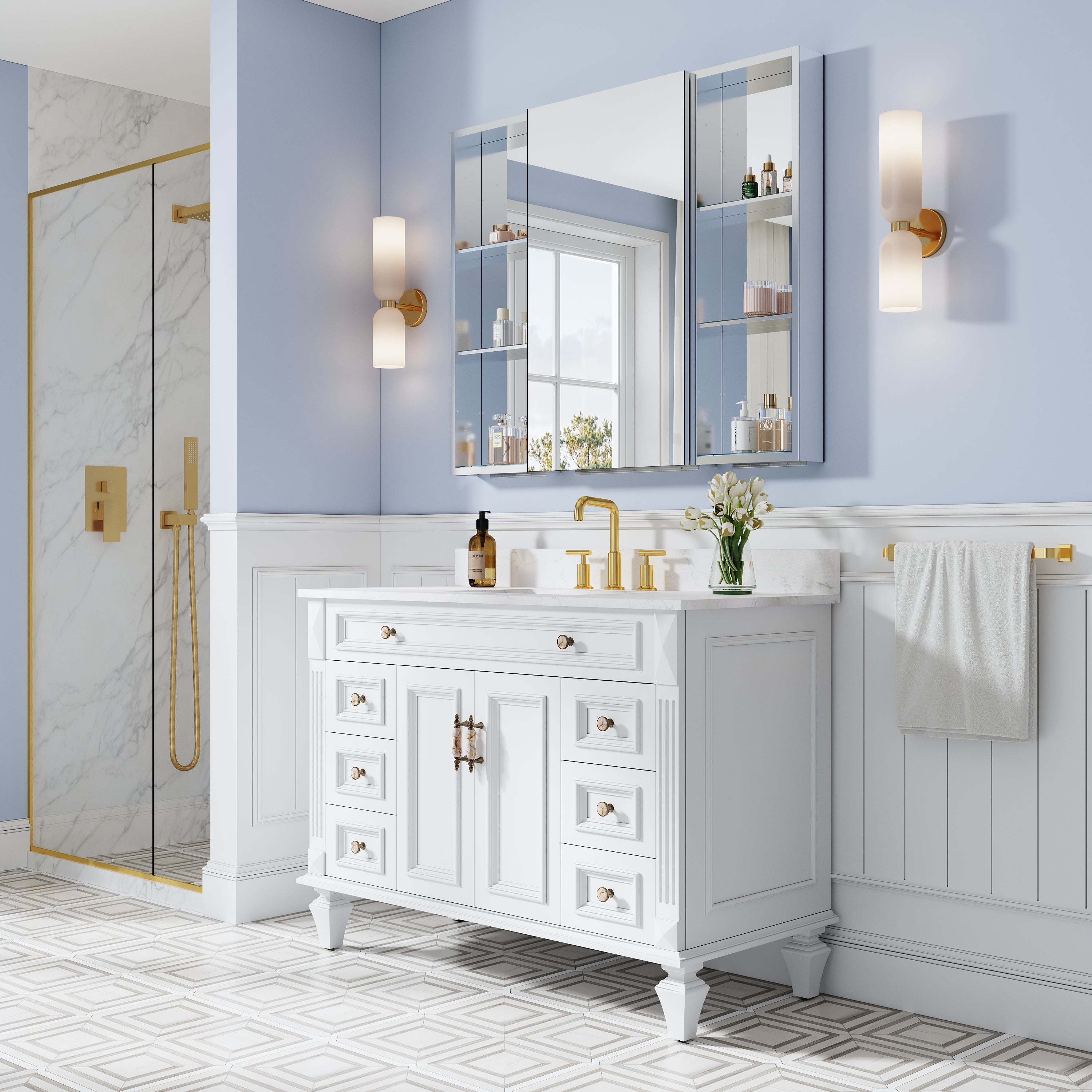 44 in. ×36 in. Bathroom Medicine Cabinet Set with Copper-Free Tri-View Mirror and Open Side Cabinet, Recessed or Surface Mount