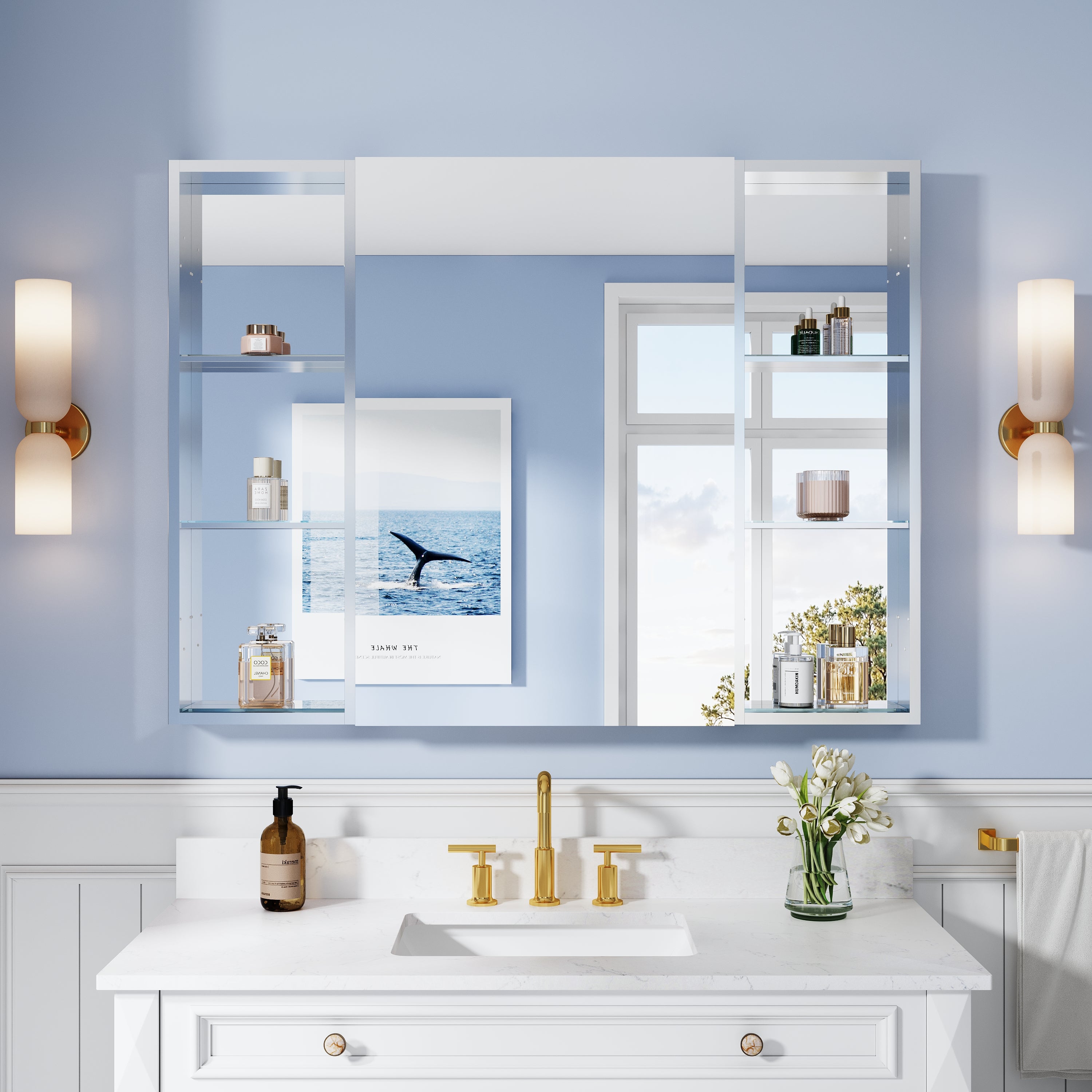 48 in. ×36 in. Bathroom Medicine Cabinet Set with Copper-Free Tri-View Mirror and Open Side Cabinet, Recessed or Surface Mount