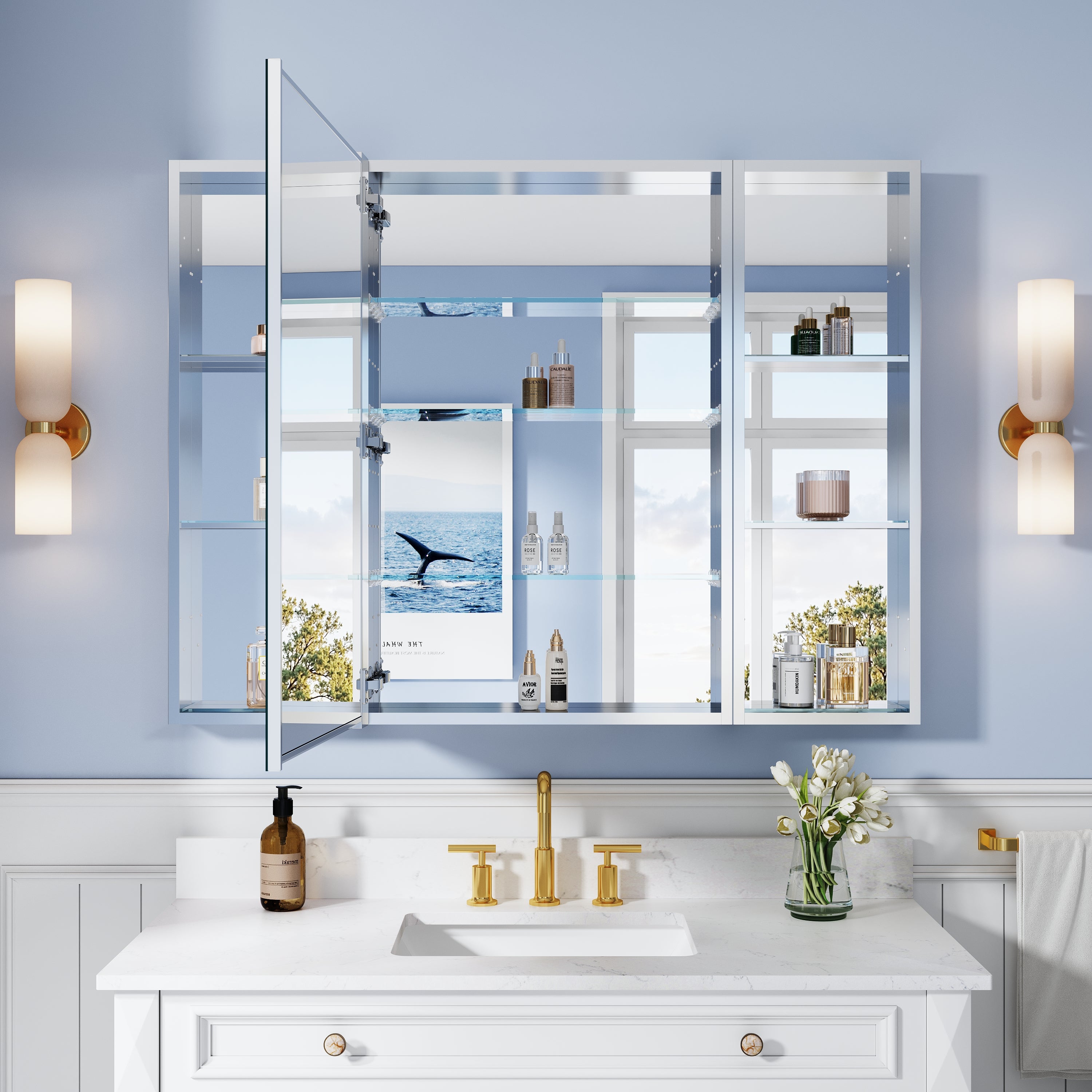 48 in. ×36 in. Bathroom Medicine Cabinet Set with Copper-Free Tri-View Mirror and Open Side Cabinet, Recessed or Surface Mount