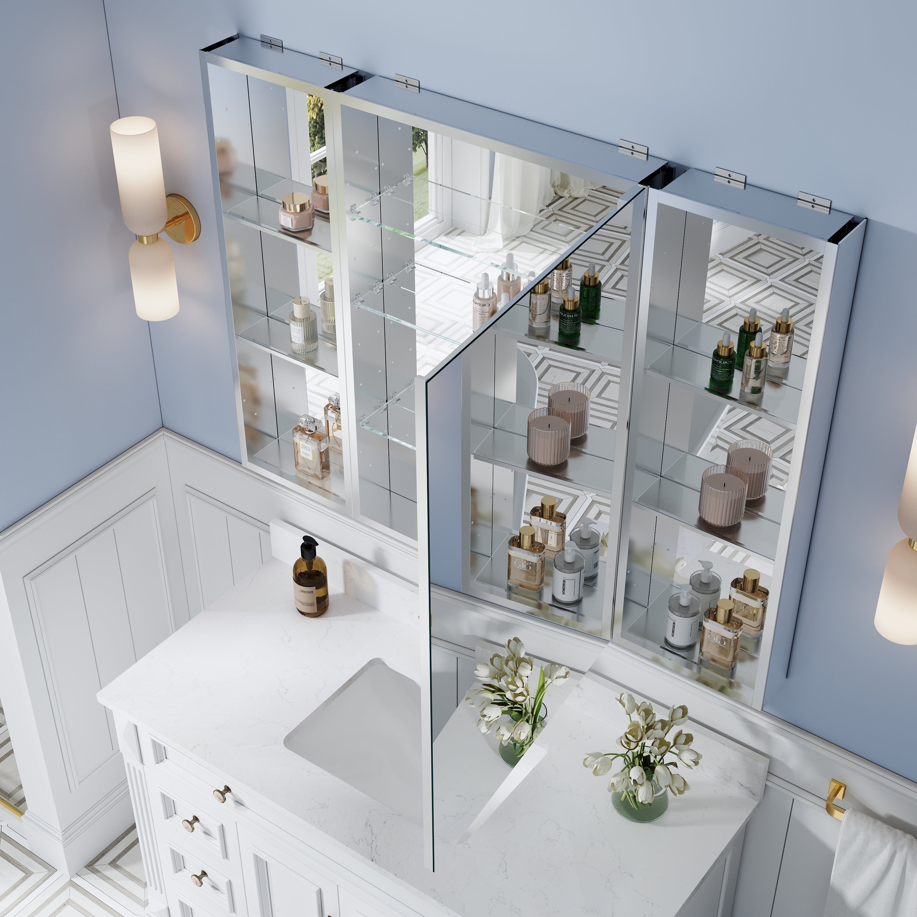 48 in. ×36 in. Bathroom Medicine Cabinet Set with Copper-Free Tri-View Mirror and Open Side Cabinet, Recessed or Surface Mount