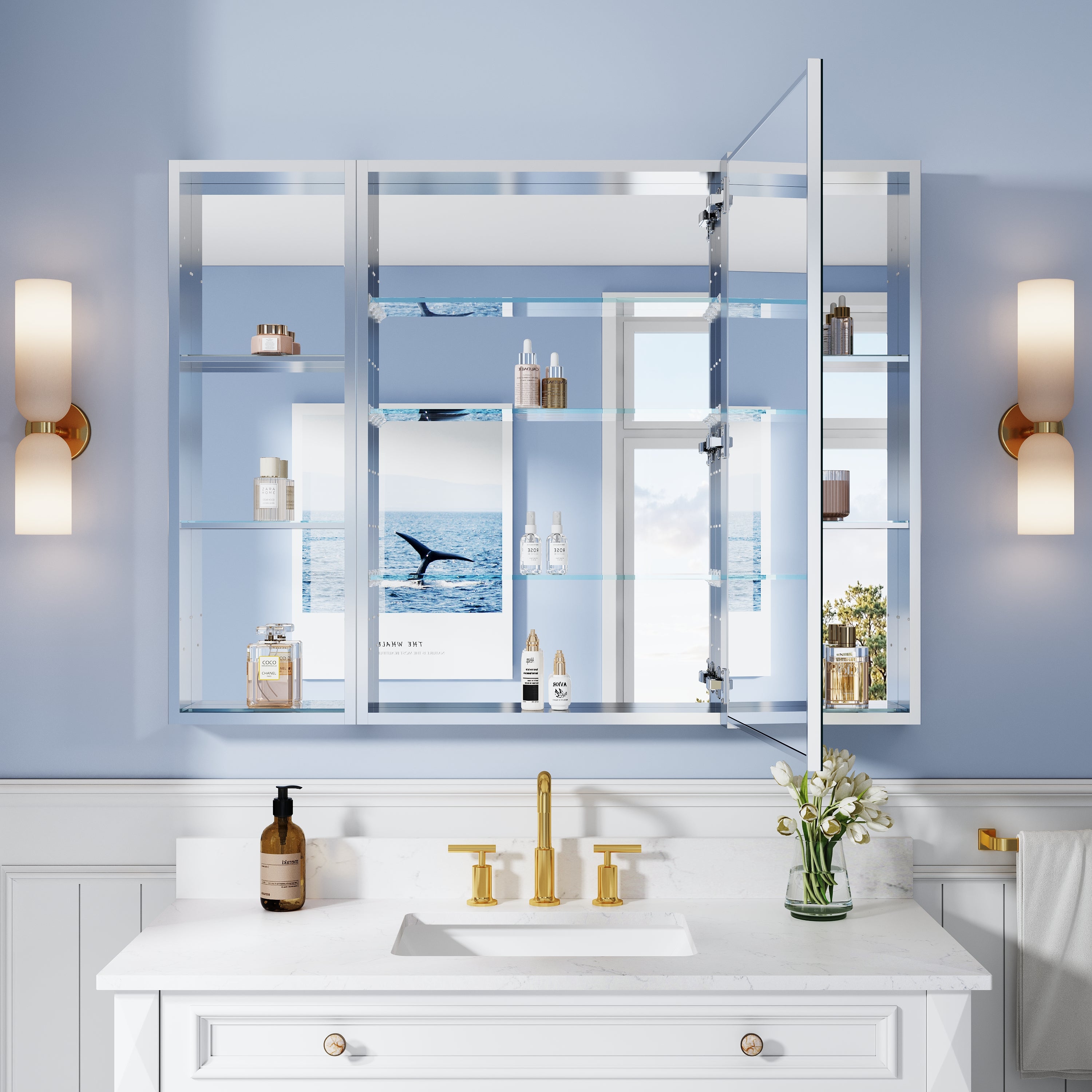 48 in. ×36 in. Bathroom Medicine Cabinet Set with Copper-Free Tri-View Mirror and Open Side Cabinet, Recessed or Surface Mount