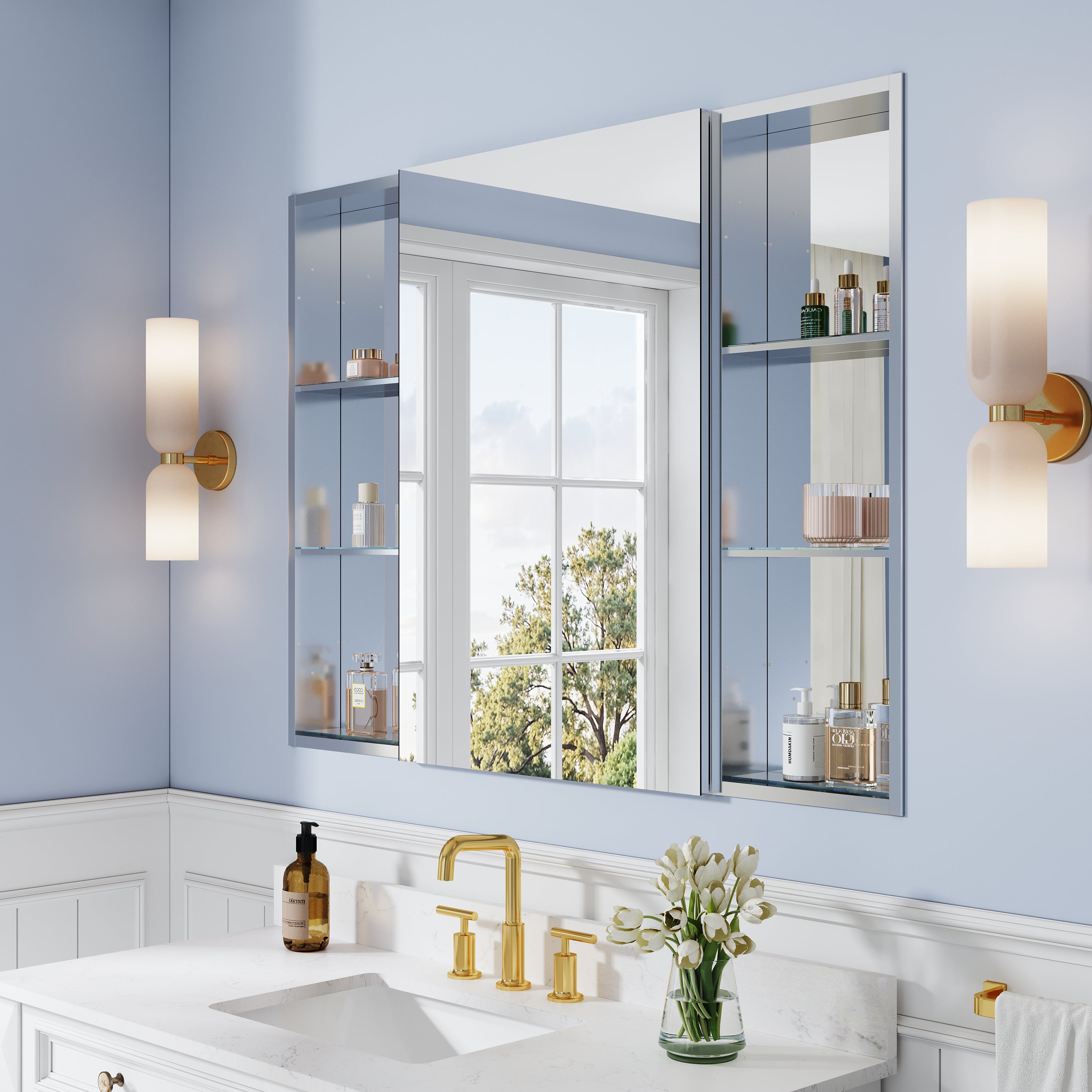 48 in. ×36 in. Bathroom Medicine Cabinet Set with Copper-Free Tri-View Mirror and Open Side Cabinet, Recessed or Surface Mount