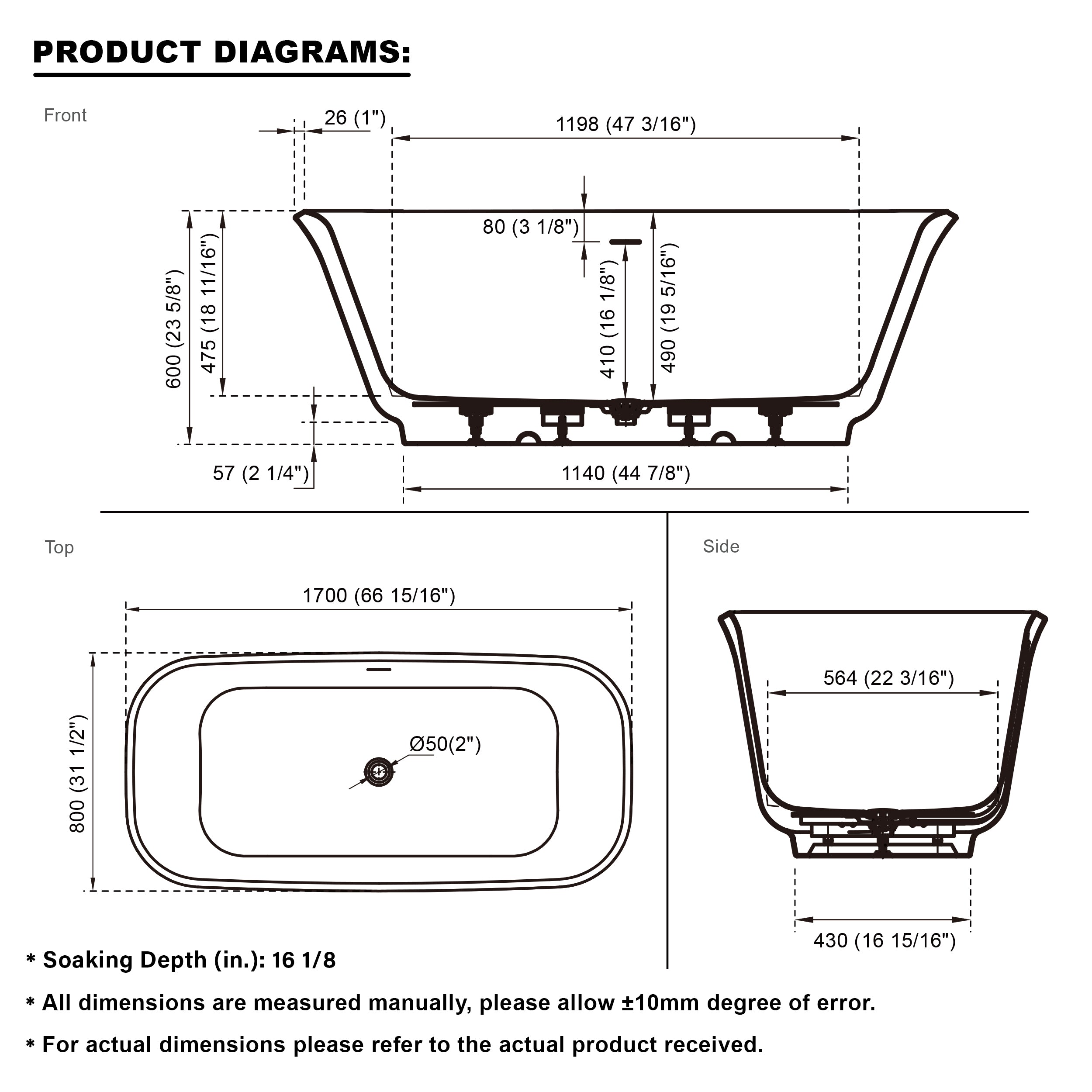 67" Freestanding Glossy White Acrylic Bathtub with Chrome Overflow