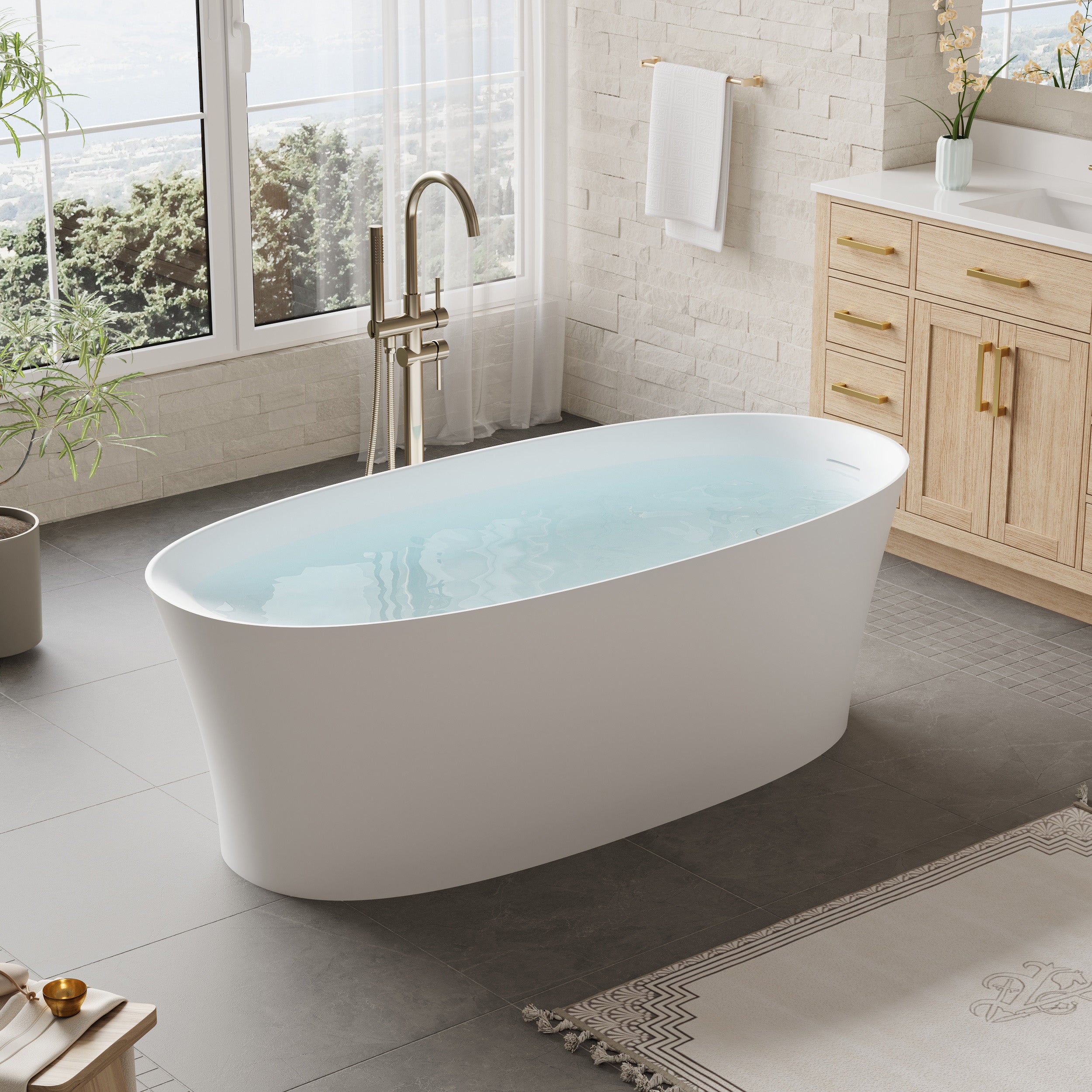67" Matte White Freestanding Solid Surface Bathtub with Overflow and Drain, 74 Gallons