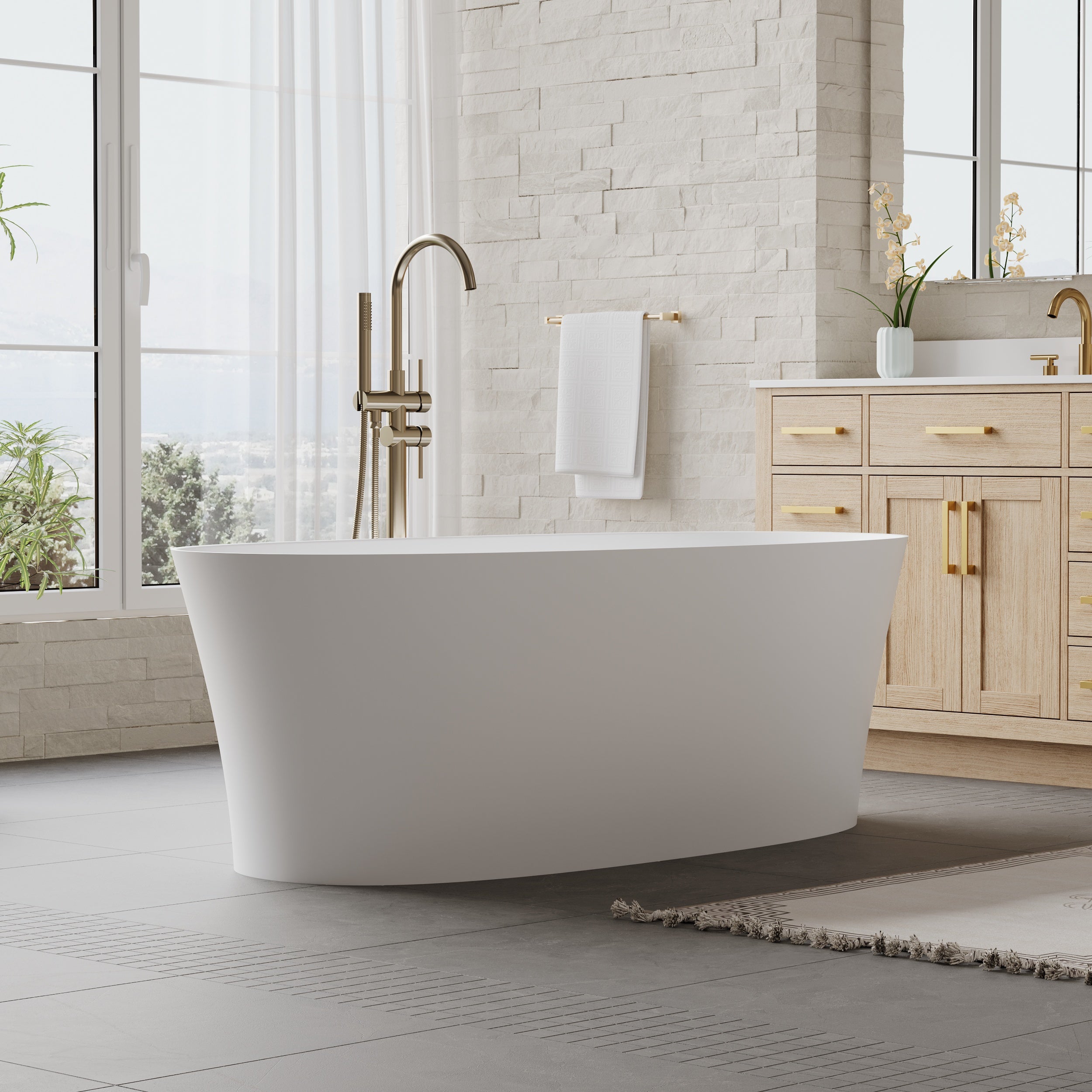 67" Matte White Freestanding Solid Surface Bathtub with Overflow and Drain, 74 Gallons