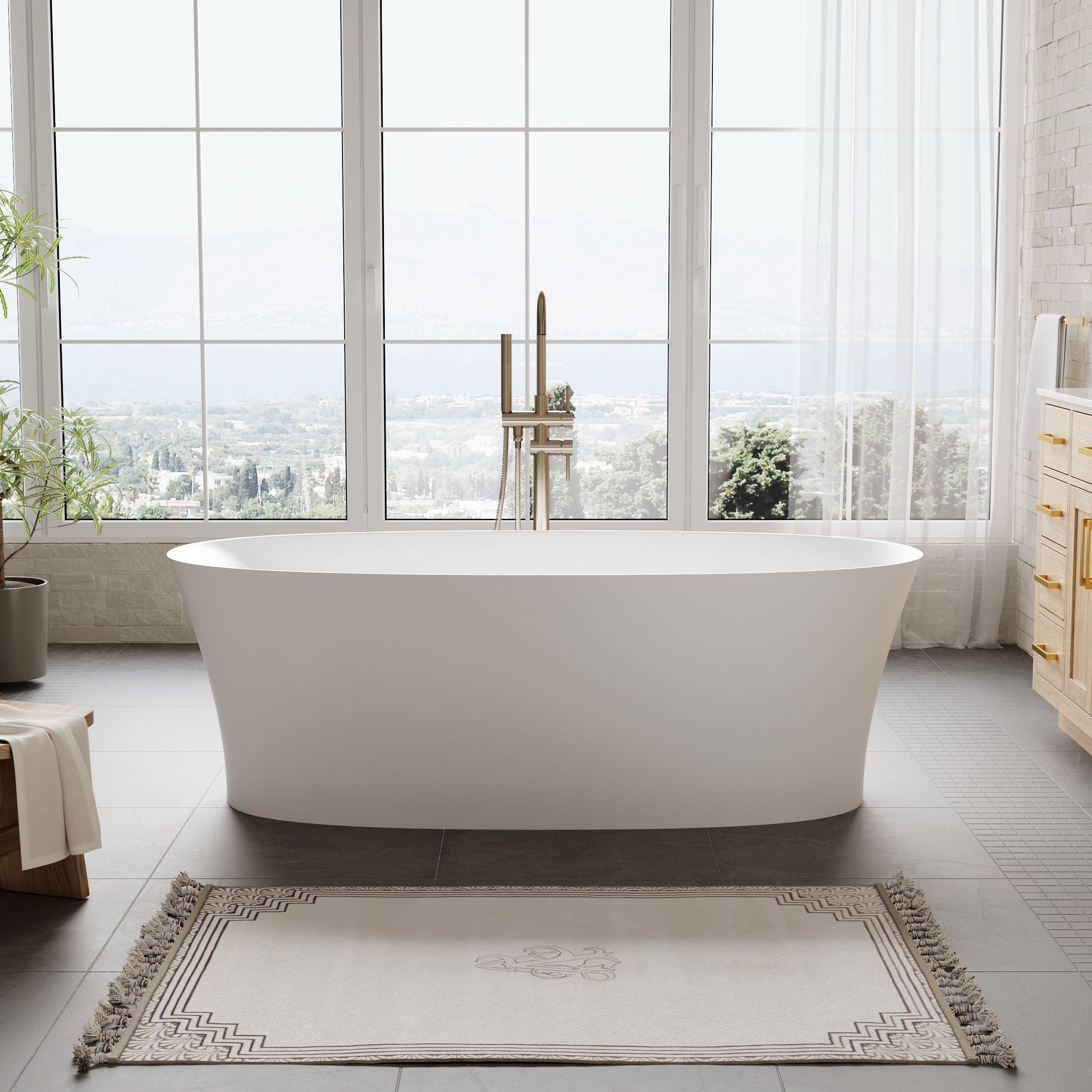 67" Matte White Freestanding Solid Surface Bathtub with Overflow and Drain, 74 Gallons