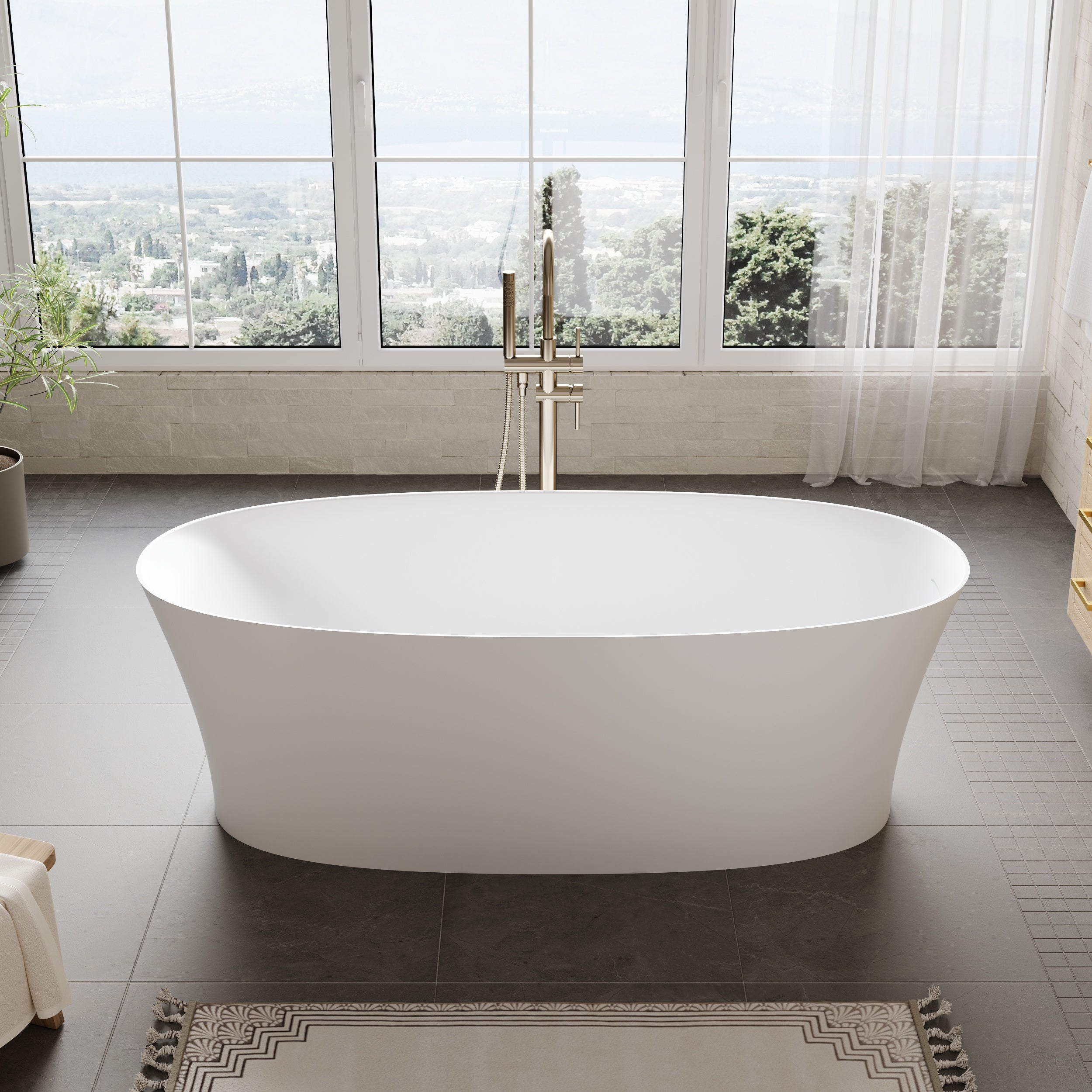 67" Matte White Freestanding Solid Surface Bathtub with Overflow and Drain, 74 Gallons