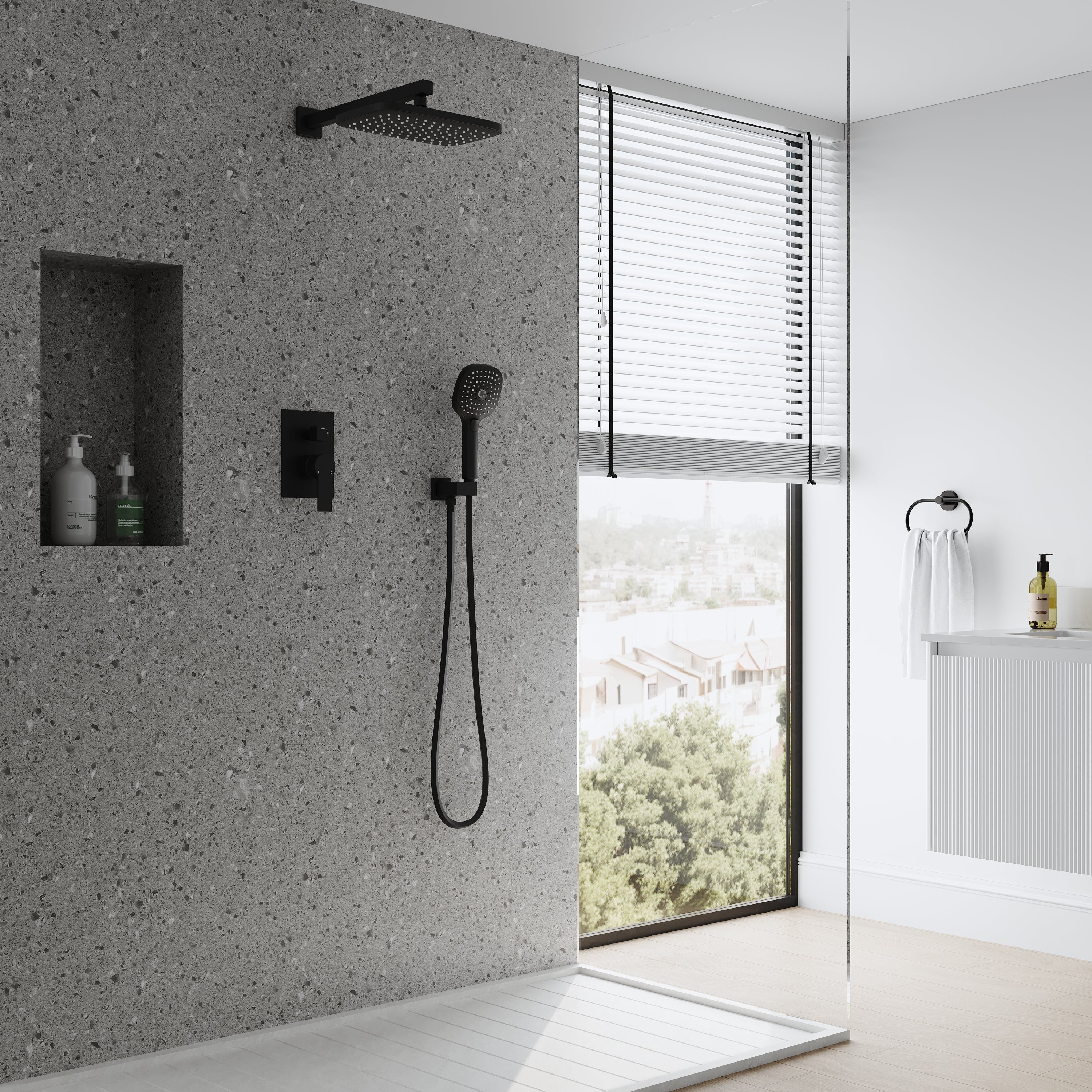 Wall Mount 12" Rainfall Shower Head 2-Spray Combo Shower System Set with 3-Function ABS Hand Shower in Matte Black