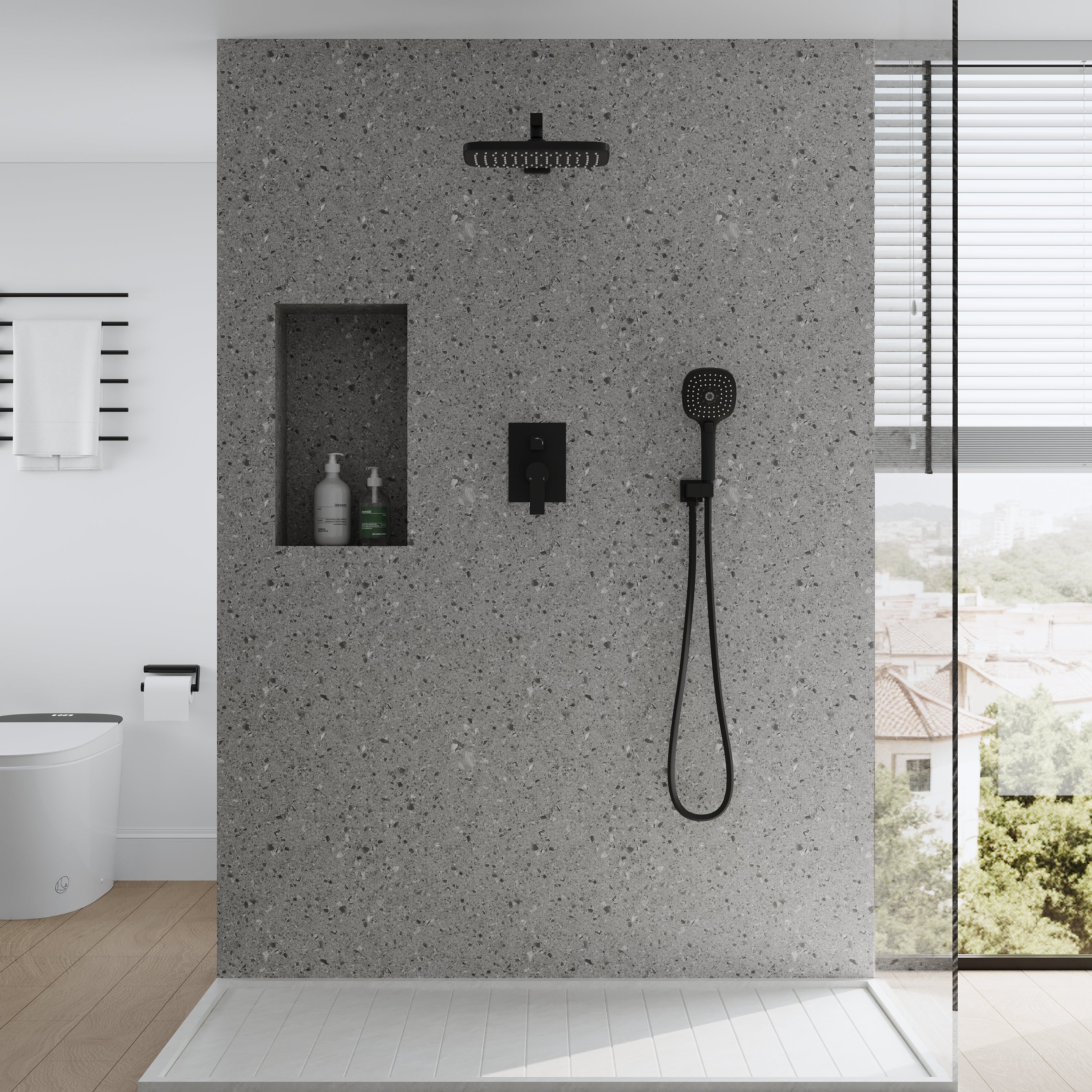 Wall Mount 12" Rainfall Shower Head 2-Spray Combo Shower System Set with 3-Function ABS Hand Shower in Matte Black