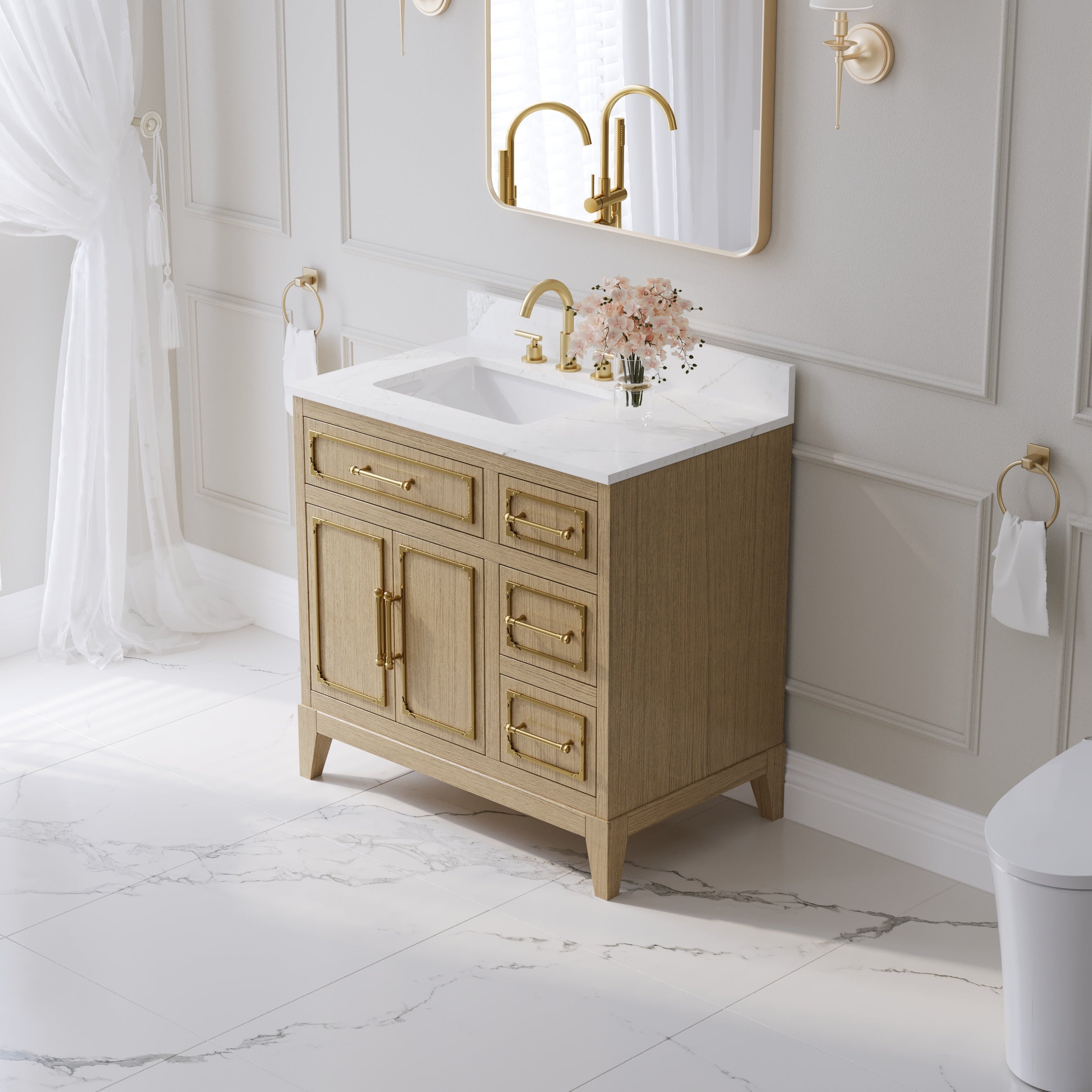 36 Inch Luxury Solid Oak Bathroom Vanity with Calacatta Quartz Countertop & Sink, 3 Soft-Close Drawers and 1 Flip Drawer